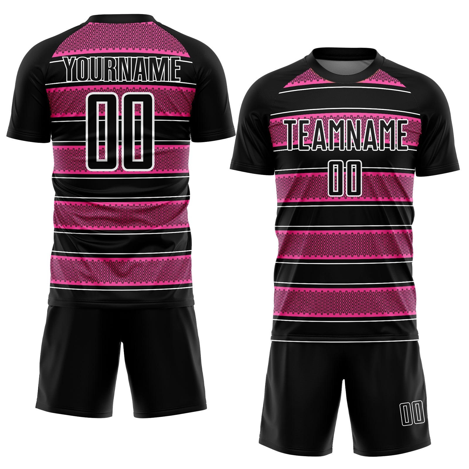 Custom Black Pink-White Geometric Shapes And Line Sublimation Soccer Uniform Jersey view 2