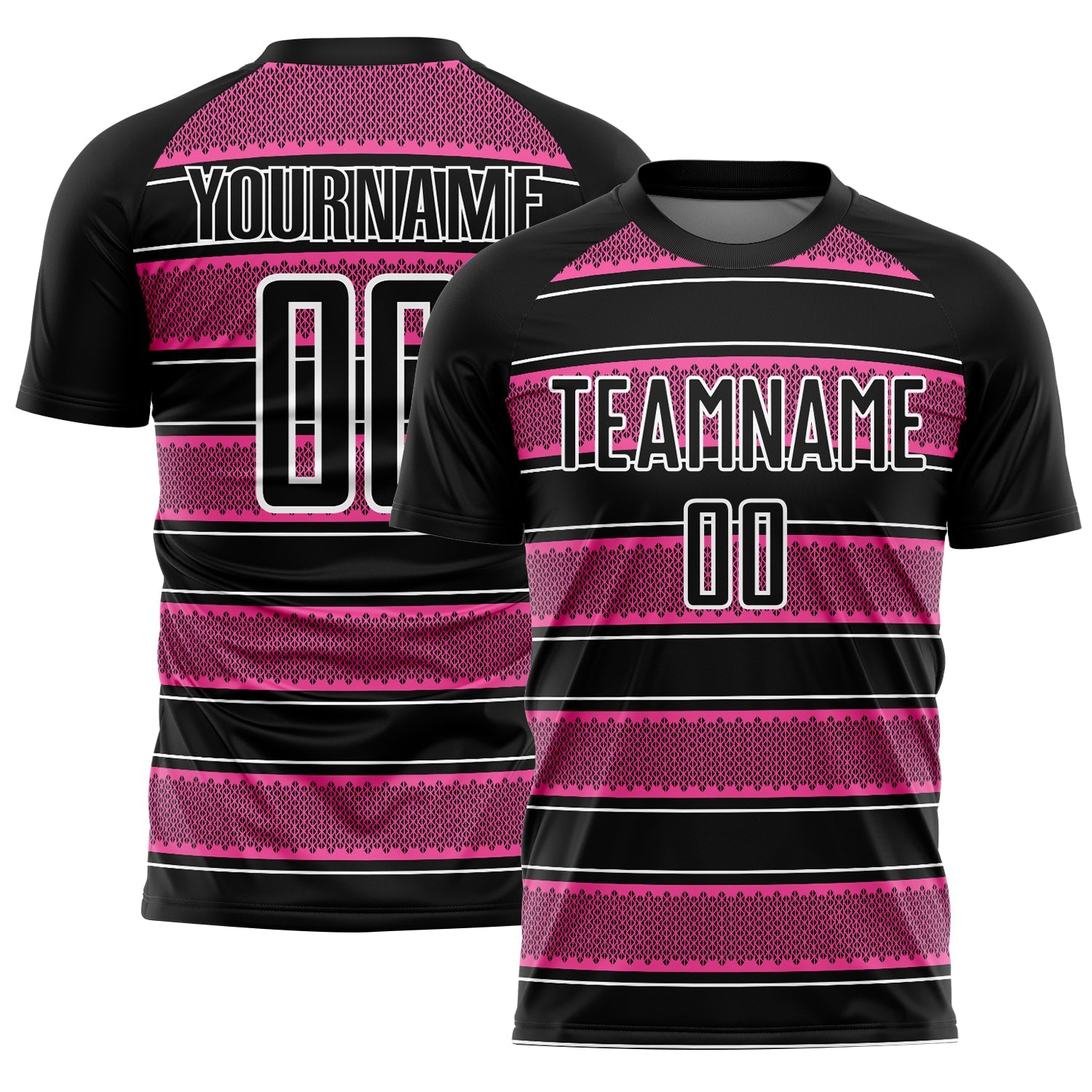 Custom Black Pink-White Geometric Shapes And Line Sublimation Soccer Uniform Jersey - Main View