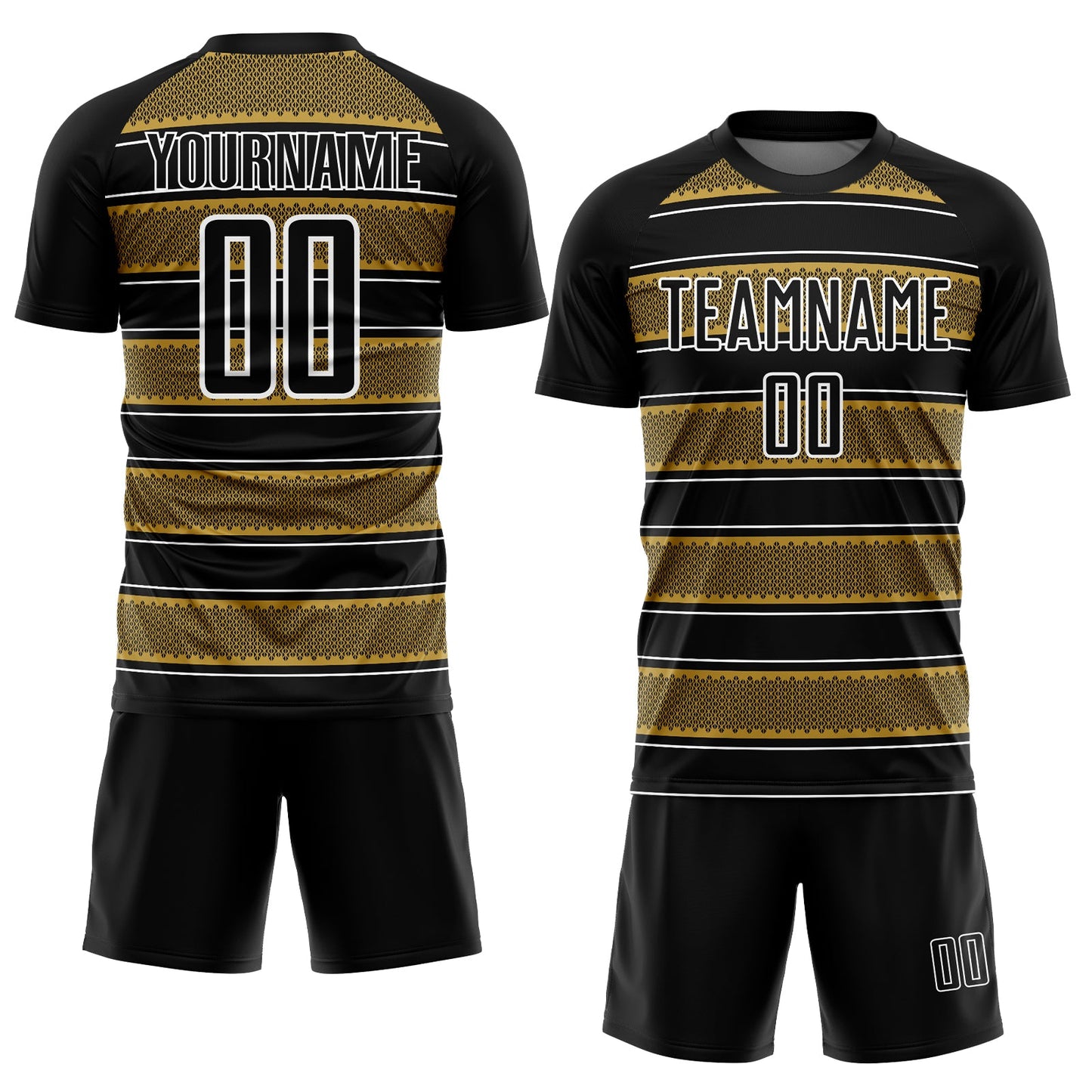 Custom Black Old Gold-White Geometric Shapes And Line Sublimation Soccer Uniform Jersey view 2