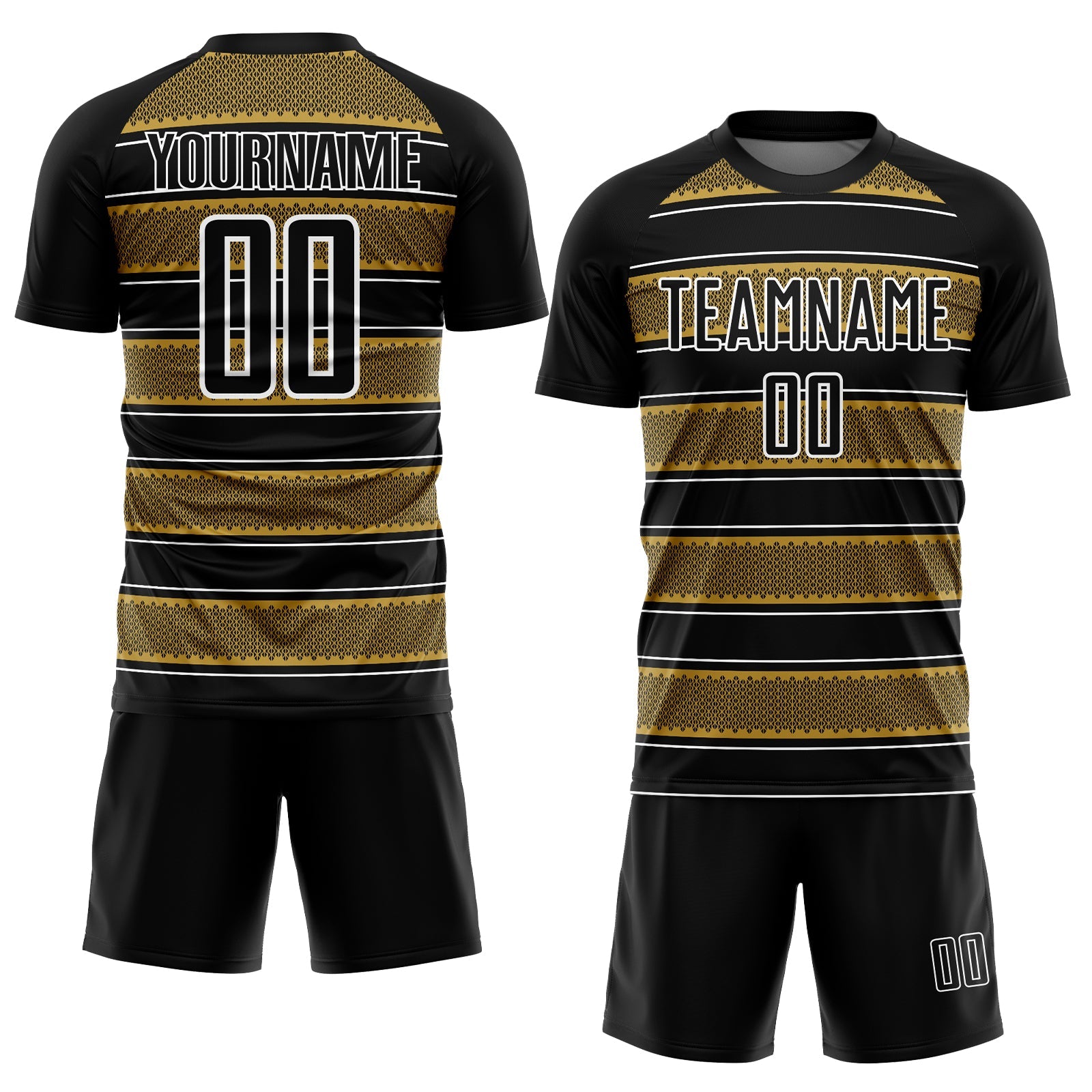 Custom Black Old Gold-White Geometric Shapes And Line Sublimation Soccer Uniform Jersey view 2