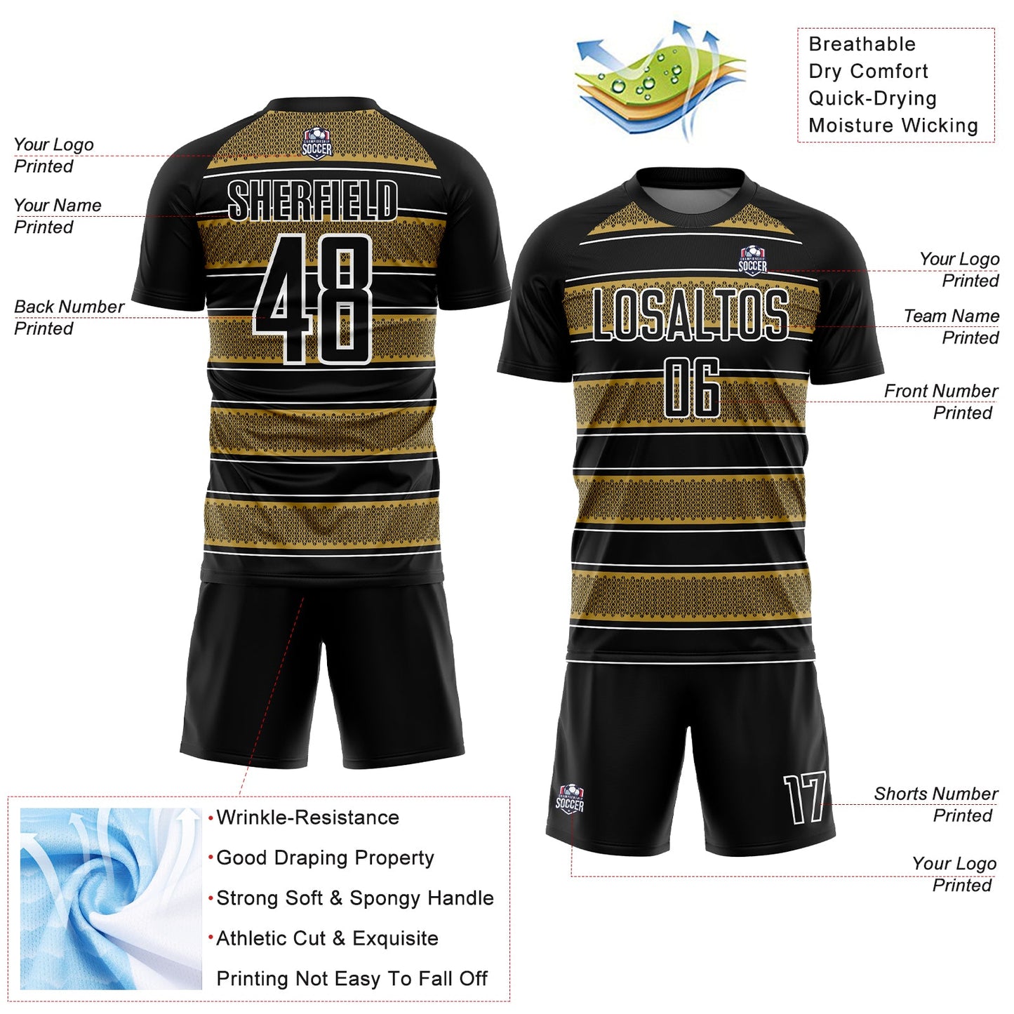 Custom Black Old Gold-White Geometric Shapes And Line Sublimation Soccer Uniform Jersey view 4