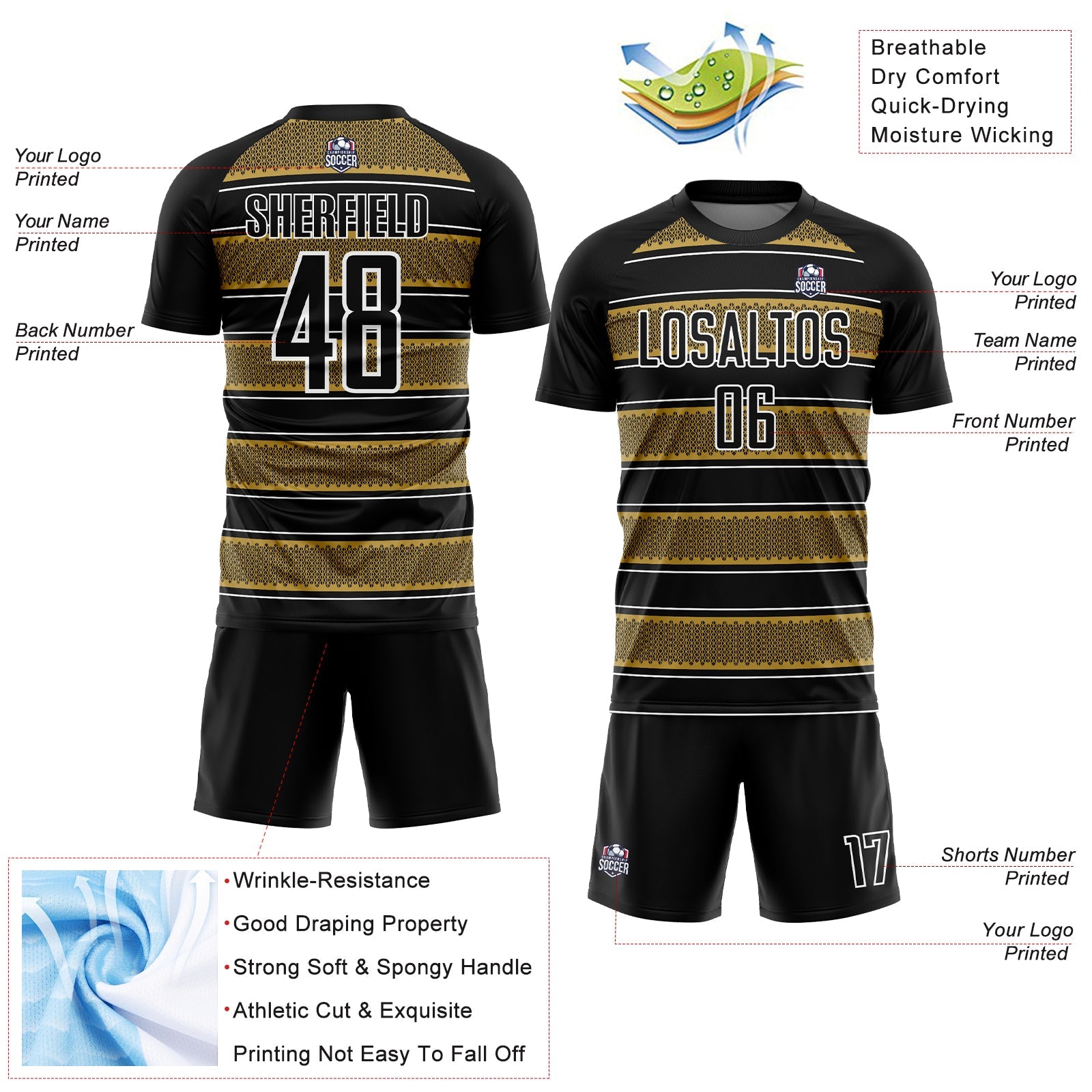 Custom Black Old Gold-White Geometric Shapes And Line Sublimation Soccer Uniform Jersey view 4