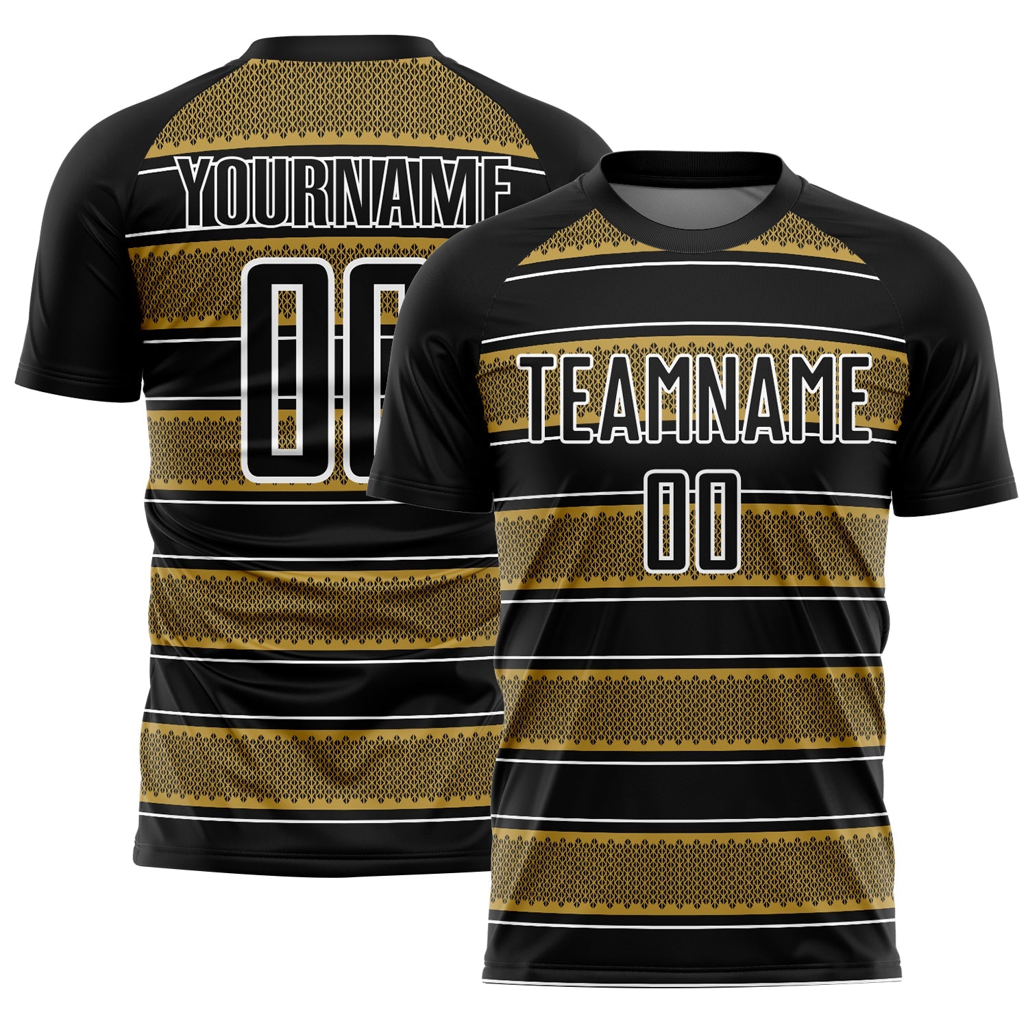 Custom Black Old Gold-White Geometric Shapes And Line Sublimation Soccer Uniform Jersey - Main View