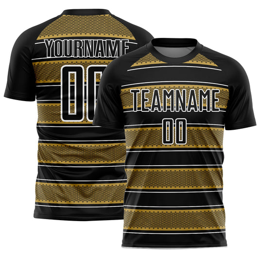 Custom Black Old Gold-White Geometric Shapes And Line Sublimation Soccer Uniform Jersey - Main View