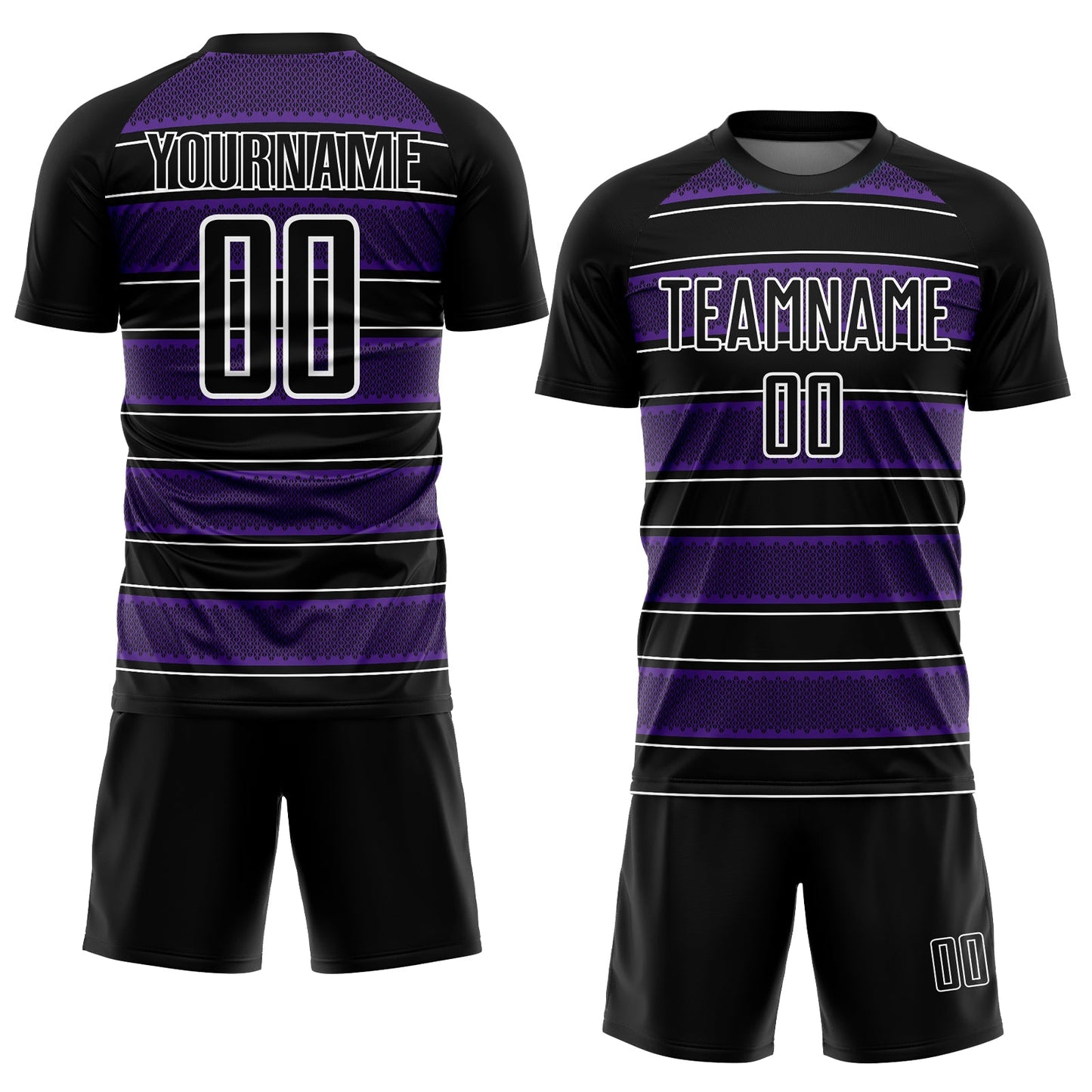 Custom Black Purple-White Geometric Shapes And Line Sublimation Soccer Uniform Jersey view 2