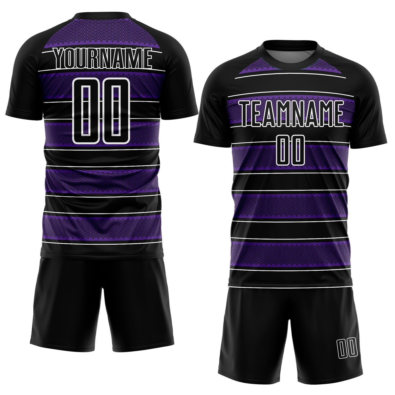 Custom Black Purple-White Geometric Shapes And Line Sublimation Soccer Uniform Jersey view 2