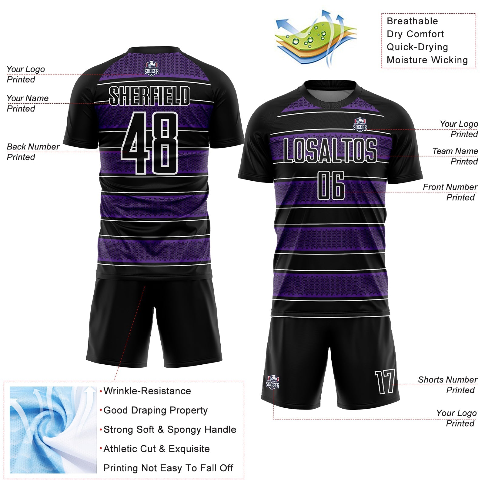 Custom Black Purple-White Geometric Shapes And Line Sublimation Soccer Uniform Jersey view 4