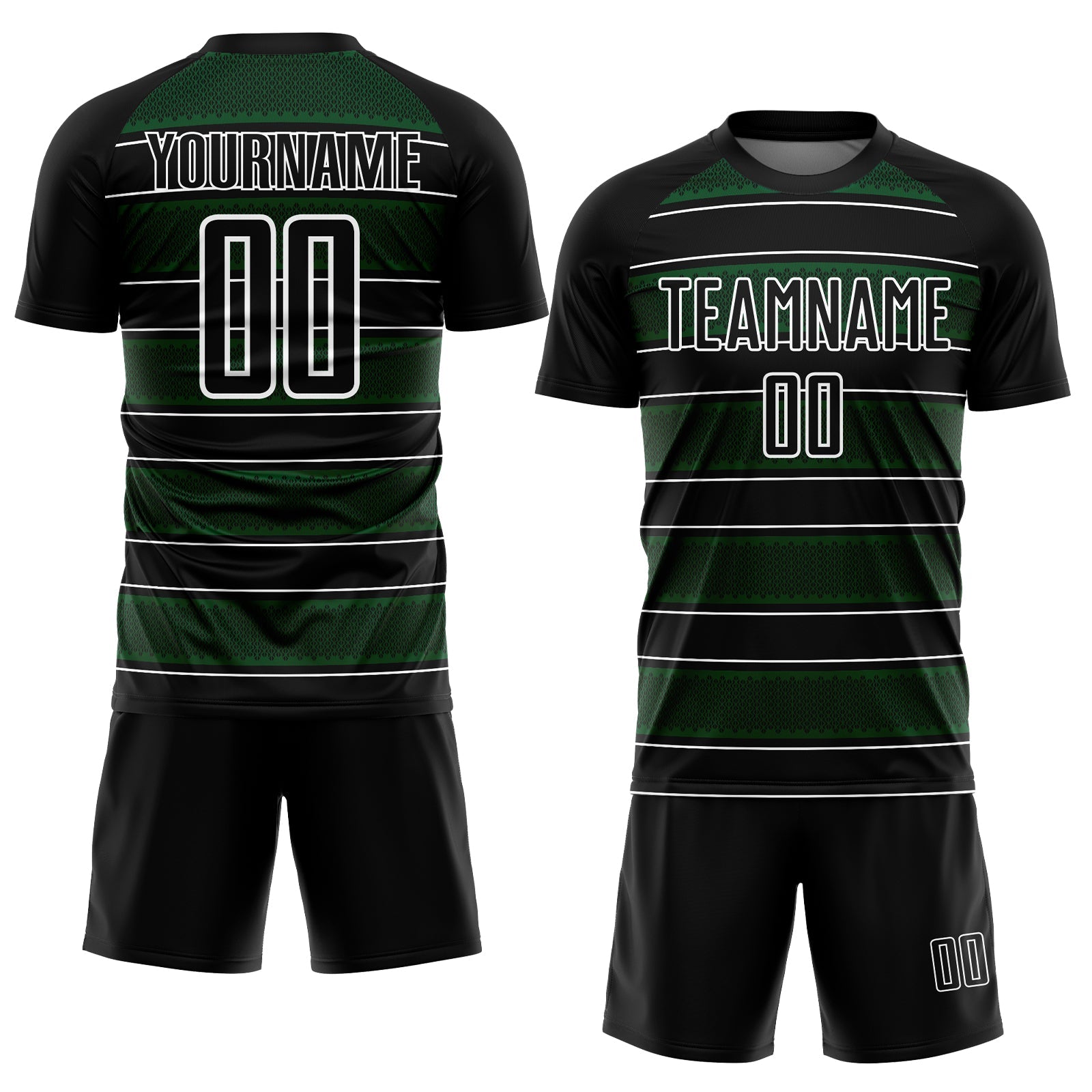 Custom Black Green-White Geometric Shapes And Line Sublimation Soccer Uniform Jersey view 2