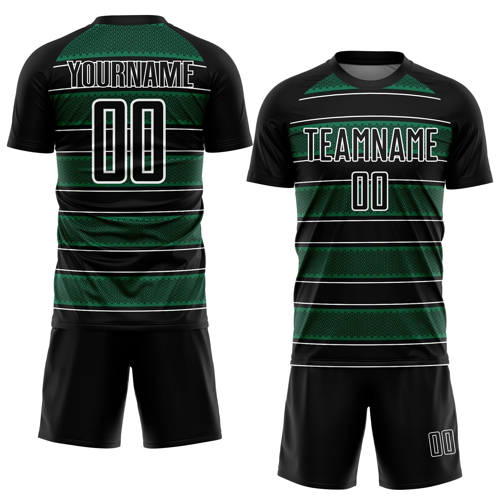Custom Black Kelly Green-White Geometric Shapes And Line Sublimation Soccer Uniform Jersey view 2