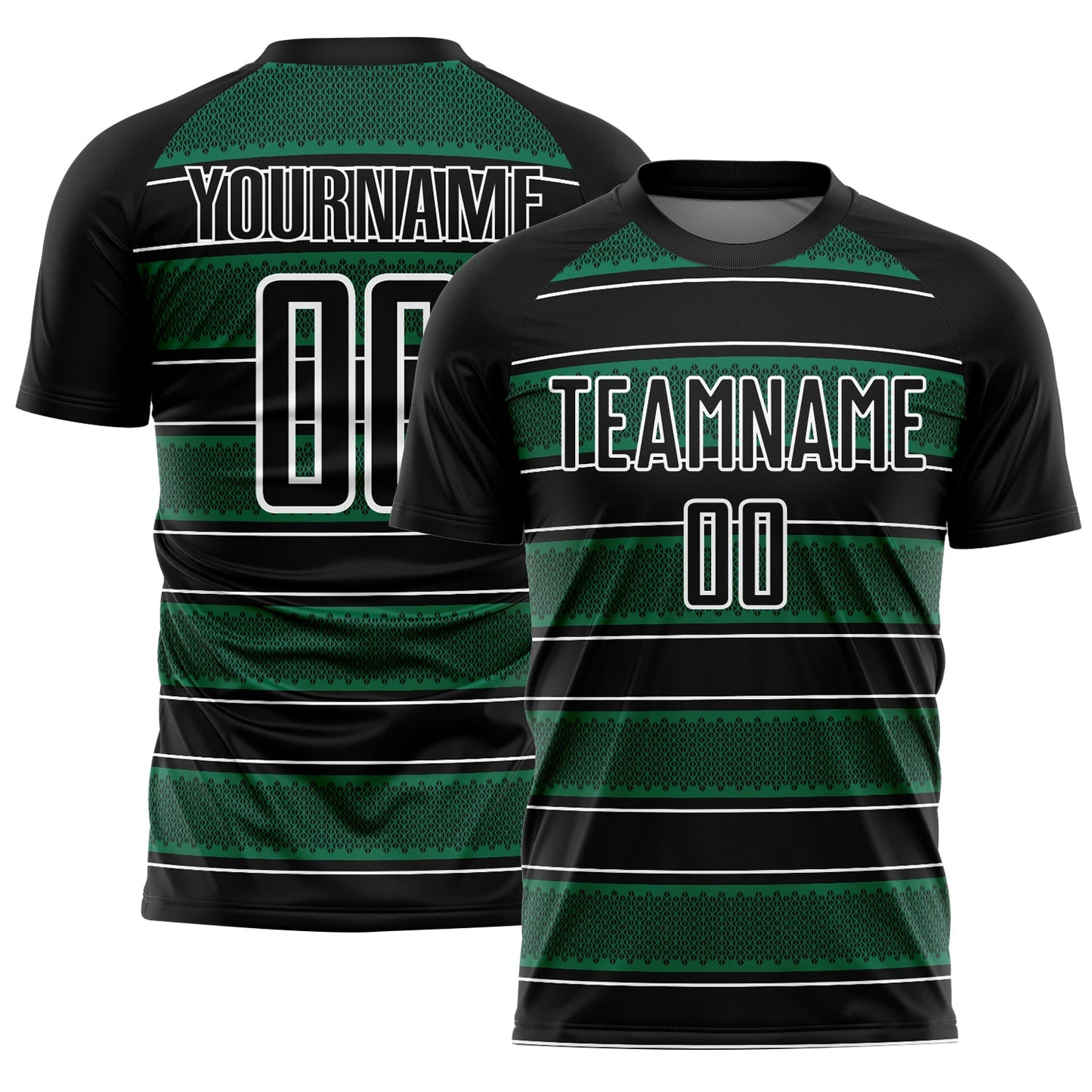 Custom Black Kelly Green-White Geometric Shapes And Line Sublimation Soccer Uniform Jersey - Main View