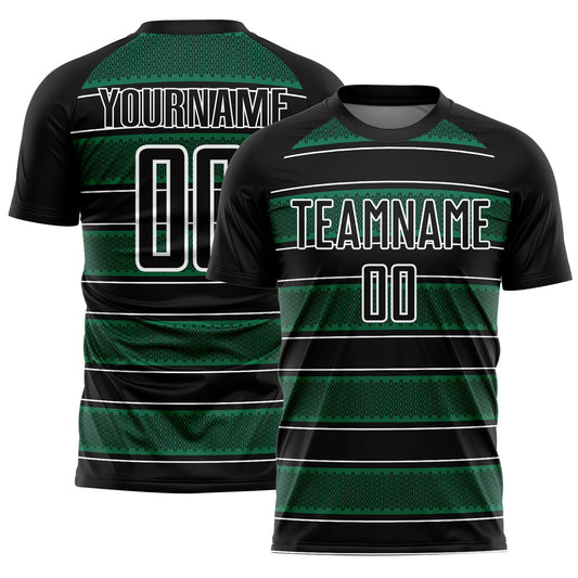 Custom Black Kelly Green-White Geometric Shapes And Line Sublimation Soccer Uniform Jersey - Main View