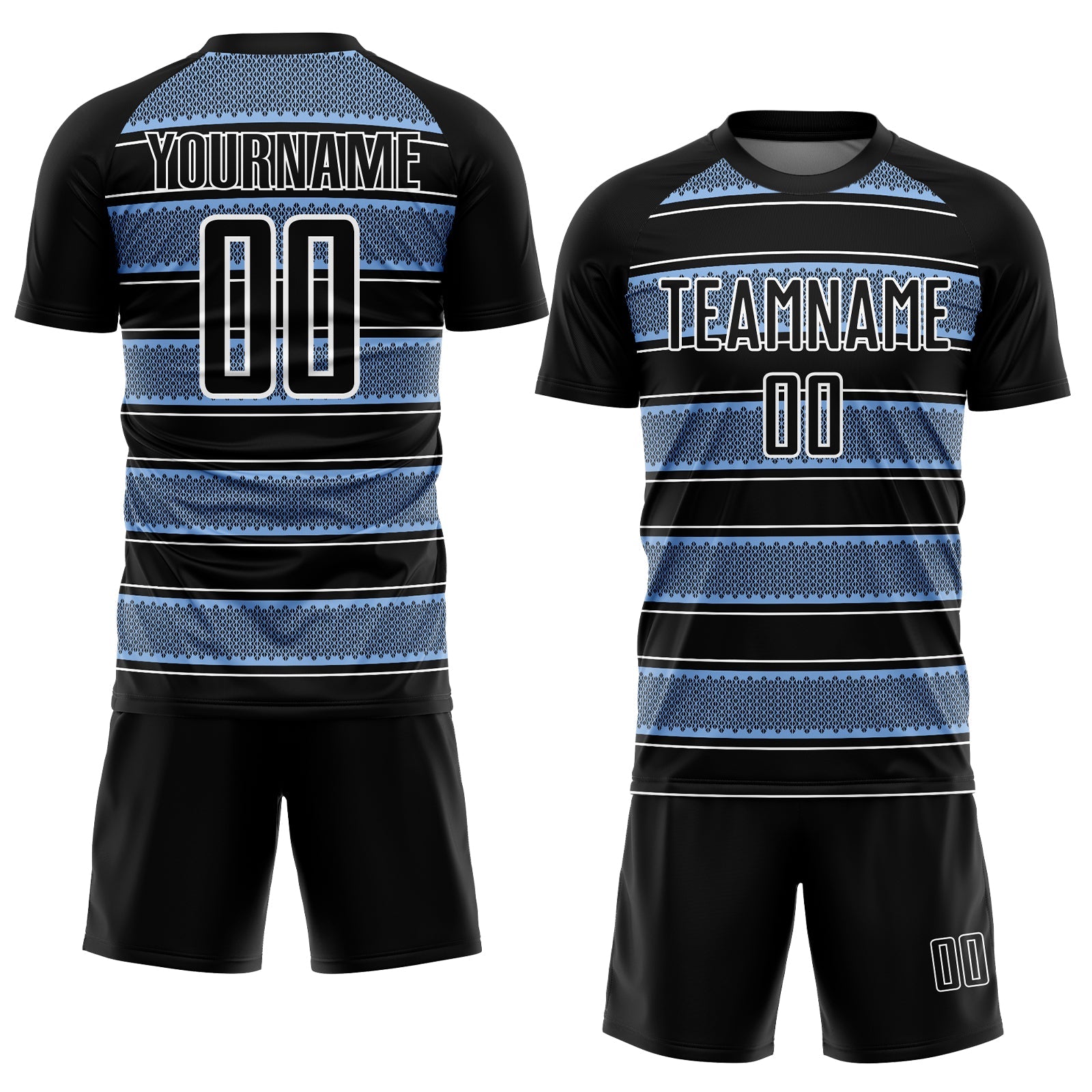 Custom Black Light Blue-White Geometric Shapes And Line Sublimation Soccer Uniform Jersey view 2