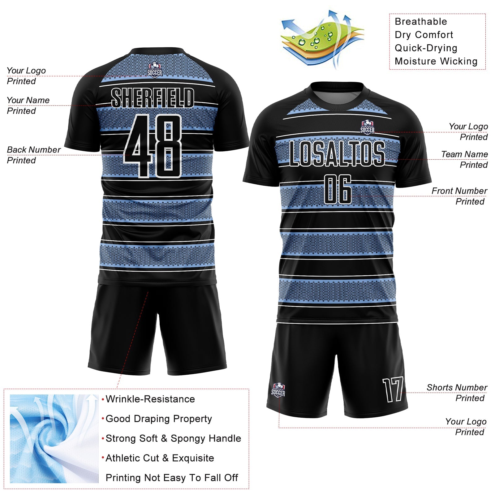 Custom Black Light Blue-White Geometric Shapes And Line Sublimation Soccer Uniform Jersey view 4
