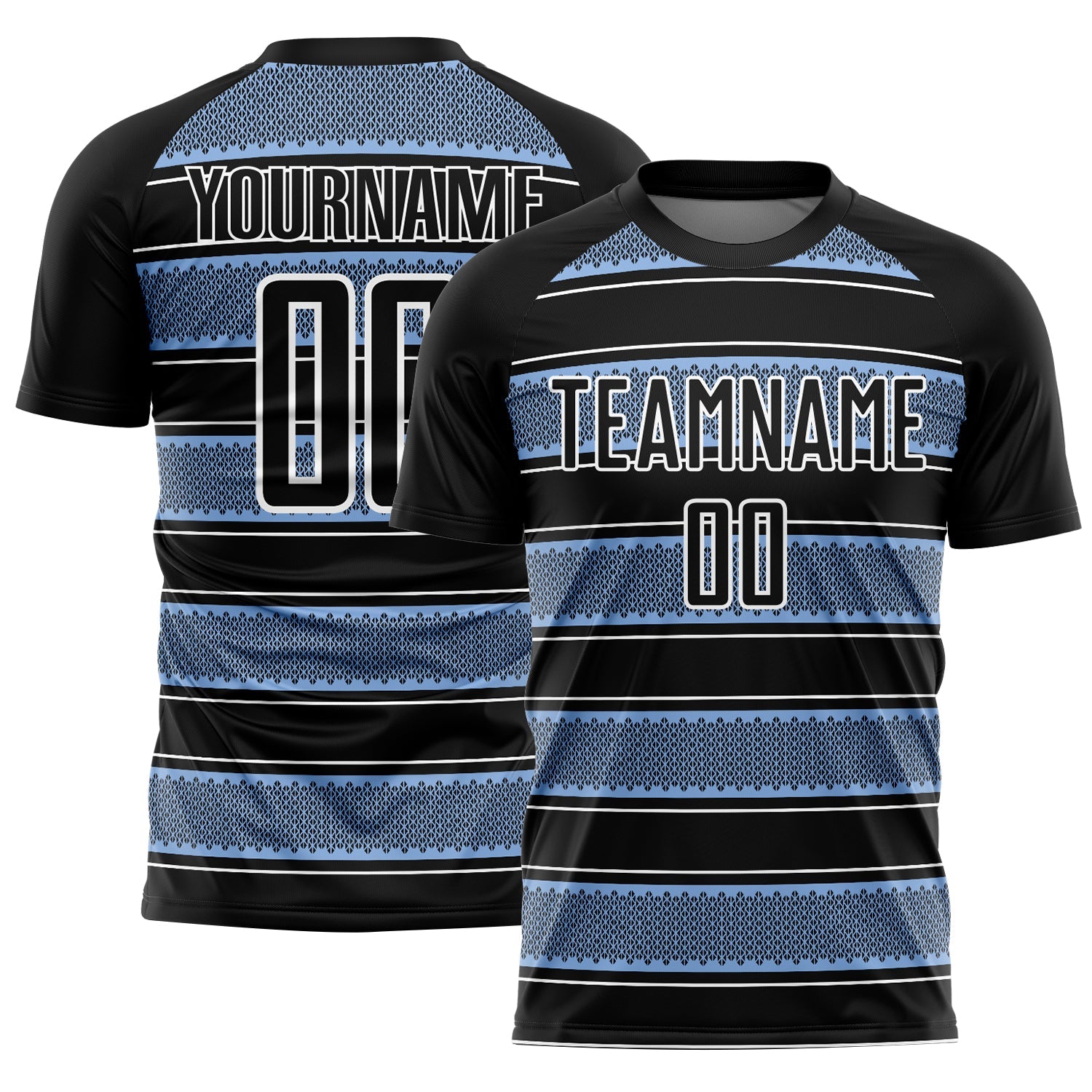 Custom Black Light Blue-White Geometric Shapes And Line Sublimation Soccer Uniform Jersey - Main View
