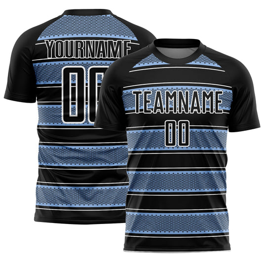 Custom Black Light Blue-White Geometric Shapes And Line Sublimation Soccer Uniform Jersey - Main View