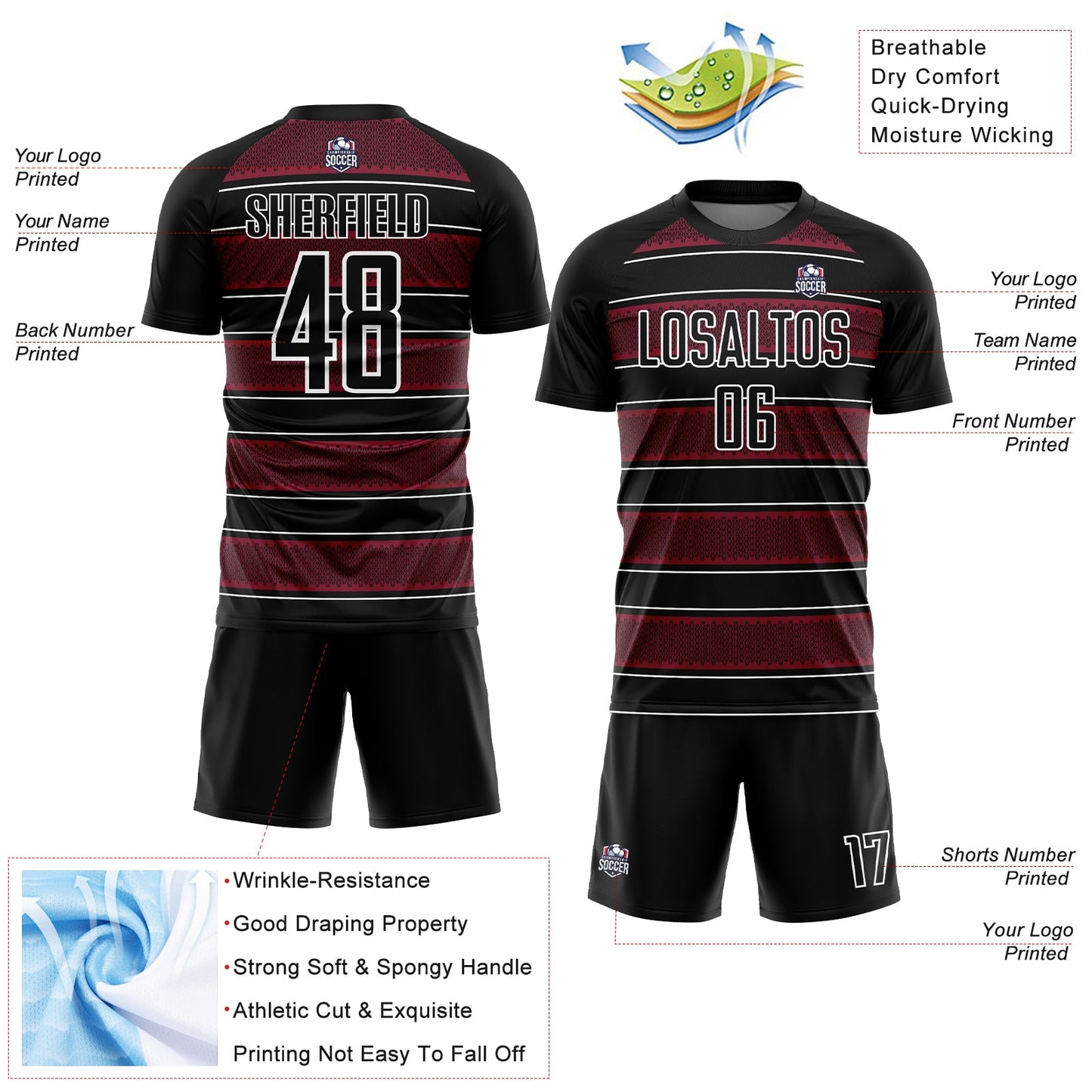Custom Black Crimson-White Geometric Shapes And Line Sublimation Soccer Uniform Jersey view 4