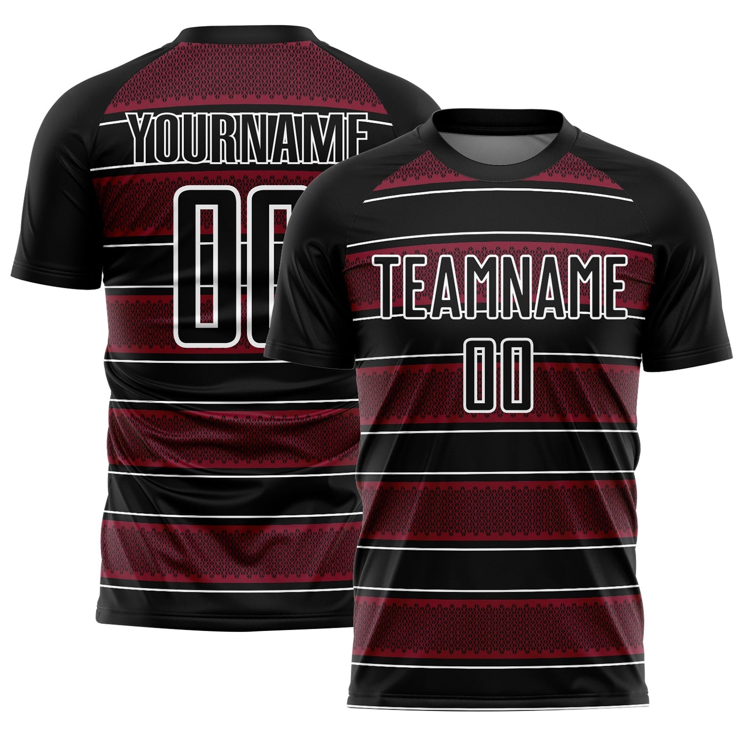 Custom Black Crimson-White Geometric Shapes And Line Sublimation Soccer Uniform Jersey - Main View