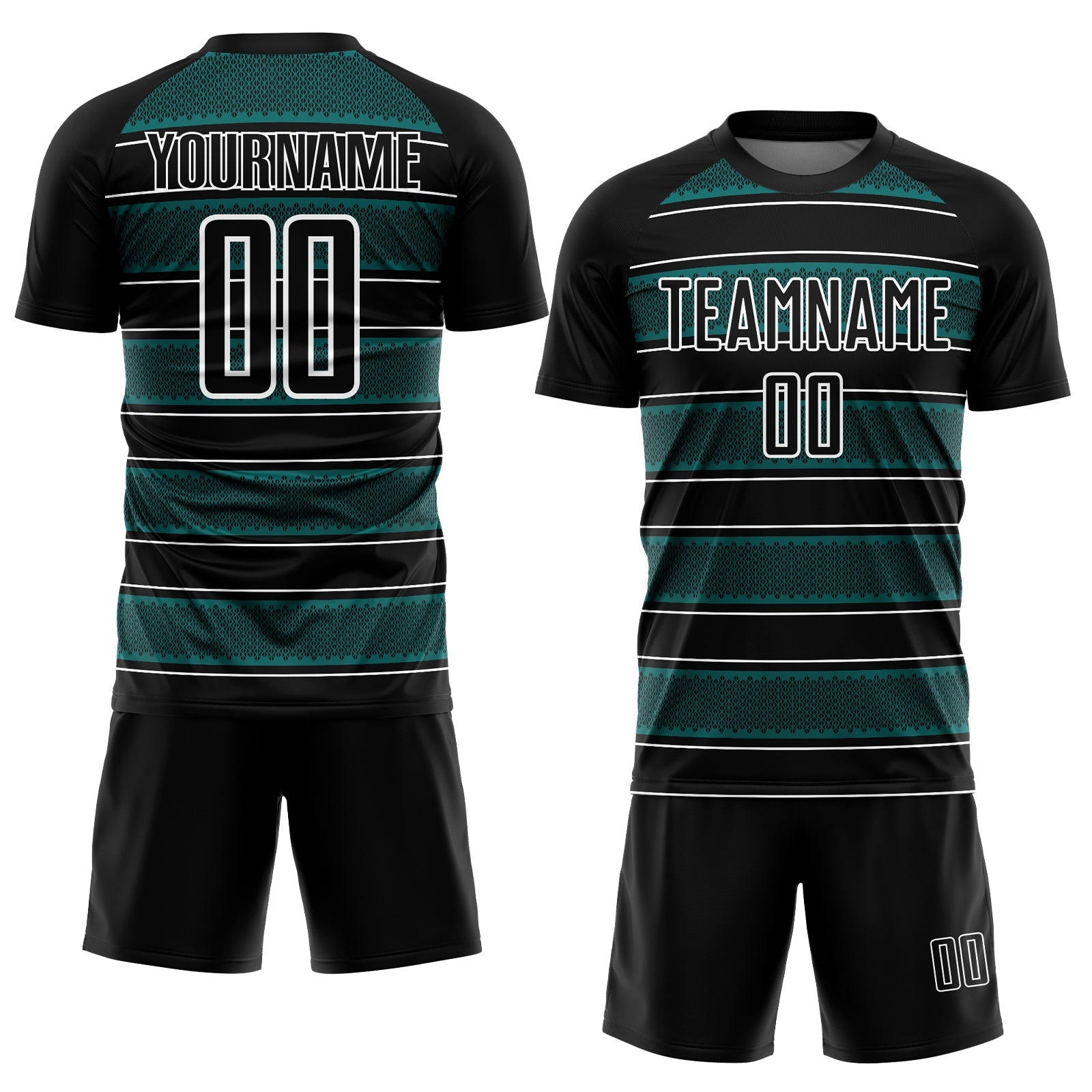 Custom Black Teal-White Geometric Shapes And Line Sublimation Soccer Uniform Jersey view 2
