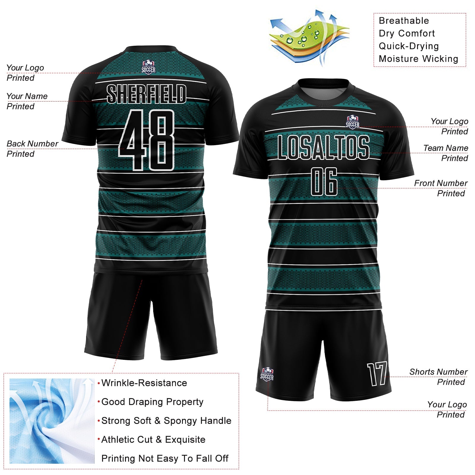 Custom Black Teal-White Geometric Shapes And Line Sublimation Soccer Uniform Jersey view 4