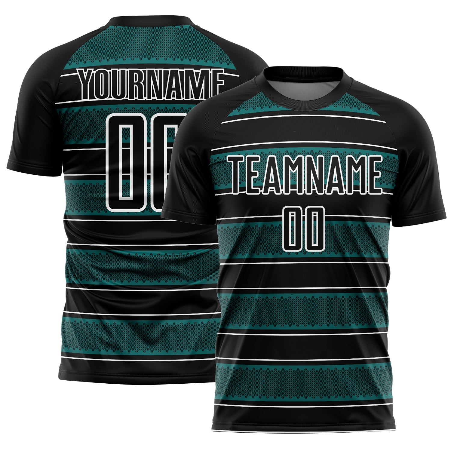 Custom Black Teal-White Geometric Shapes And Line Sublimation Soccer Uniform Jersey - Main View