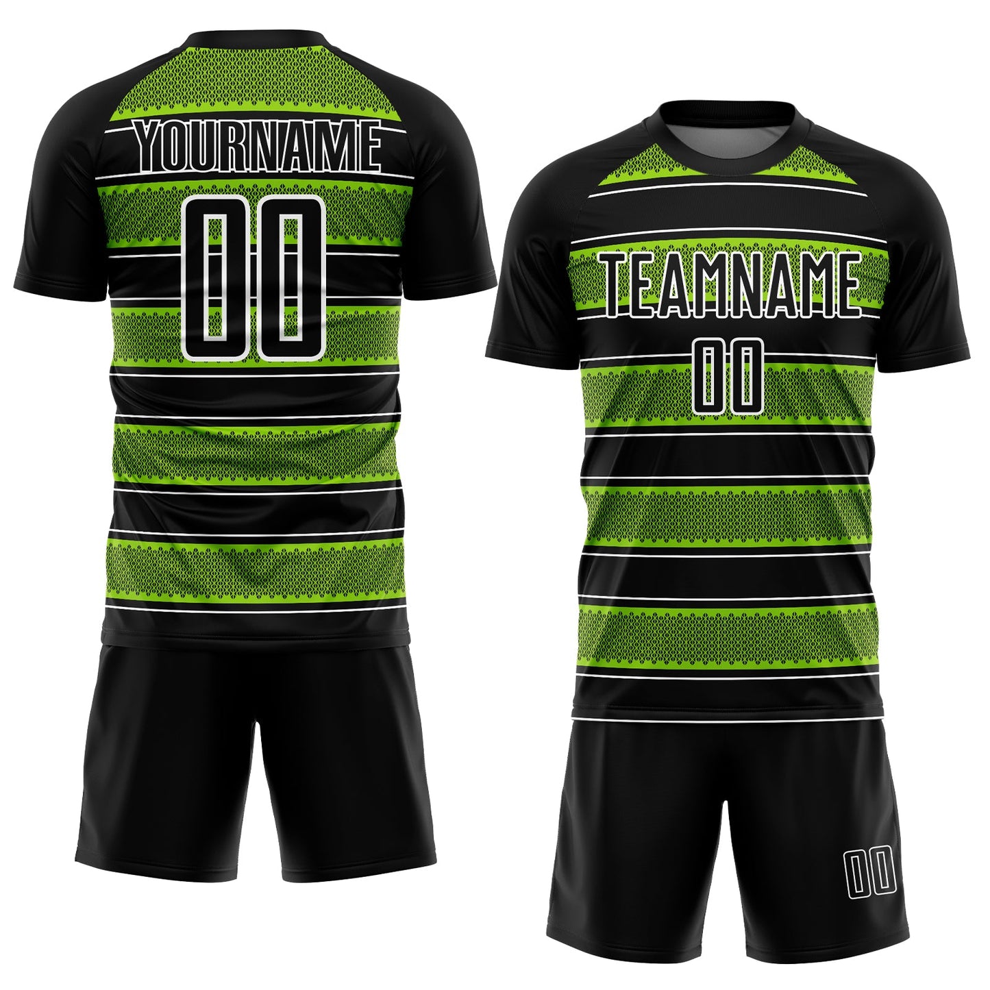 Custom Black Neon Green-White Geometric Shapes And Line Sublimation Soccer Uniform Jersey view 2