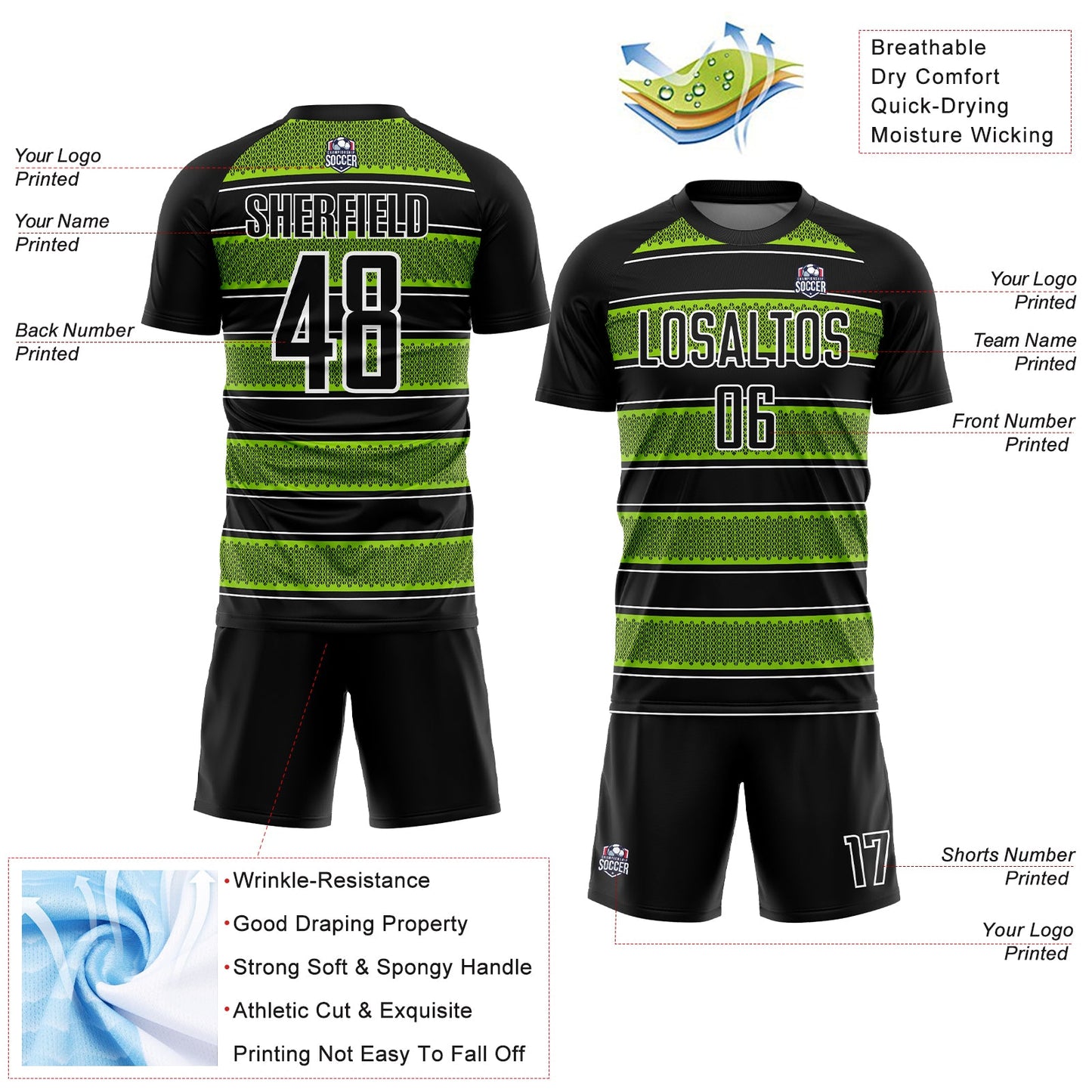 Custom Black Neon Green-White Geometric Shapes And Line Sublimation Soccer Uniform Jersey view 4
