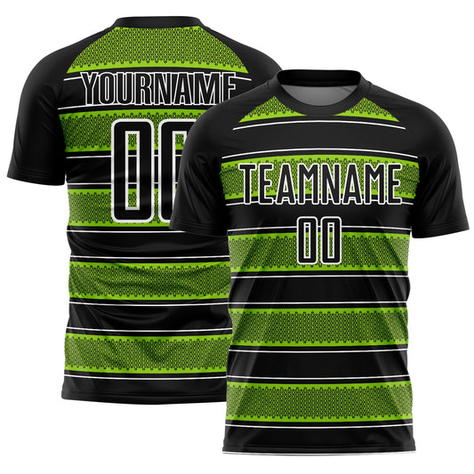 Custom Black Neon Green-White Geometric Shapes And Line Sublimation Soccer Uniform Jersey - Main View