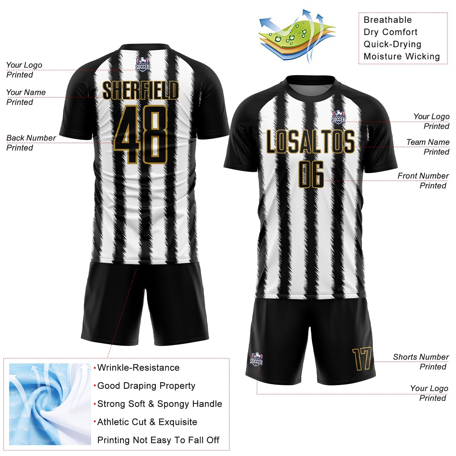 Custom Black White-Old Gold Line Sublimation Soccer Uniform Jersey view 4