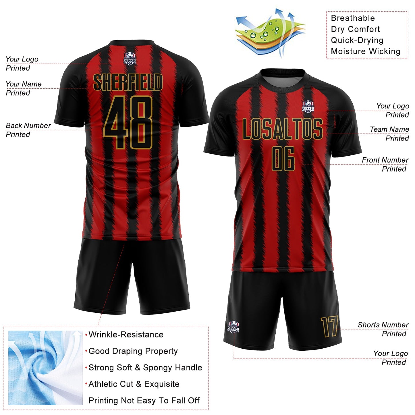Custom Black Red-Old Gold Line Sublimation Soccer Uniform Jersey view 4