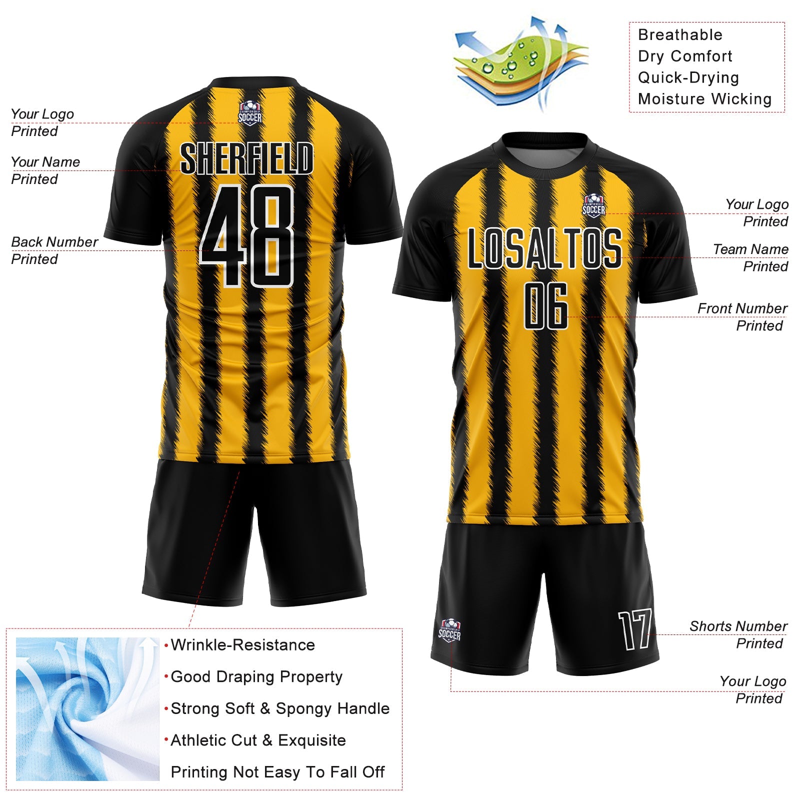 Custom Black Gold-White Line Sublimation Soccer Uniform Jersey view 4