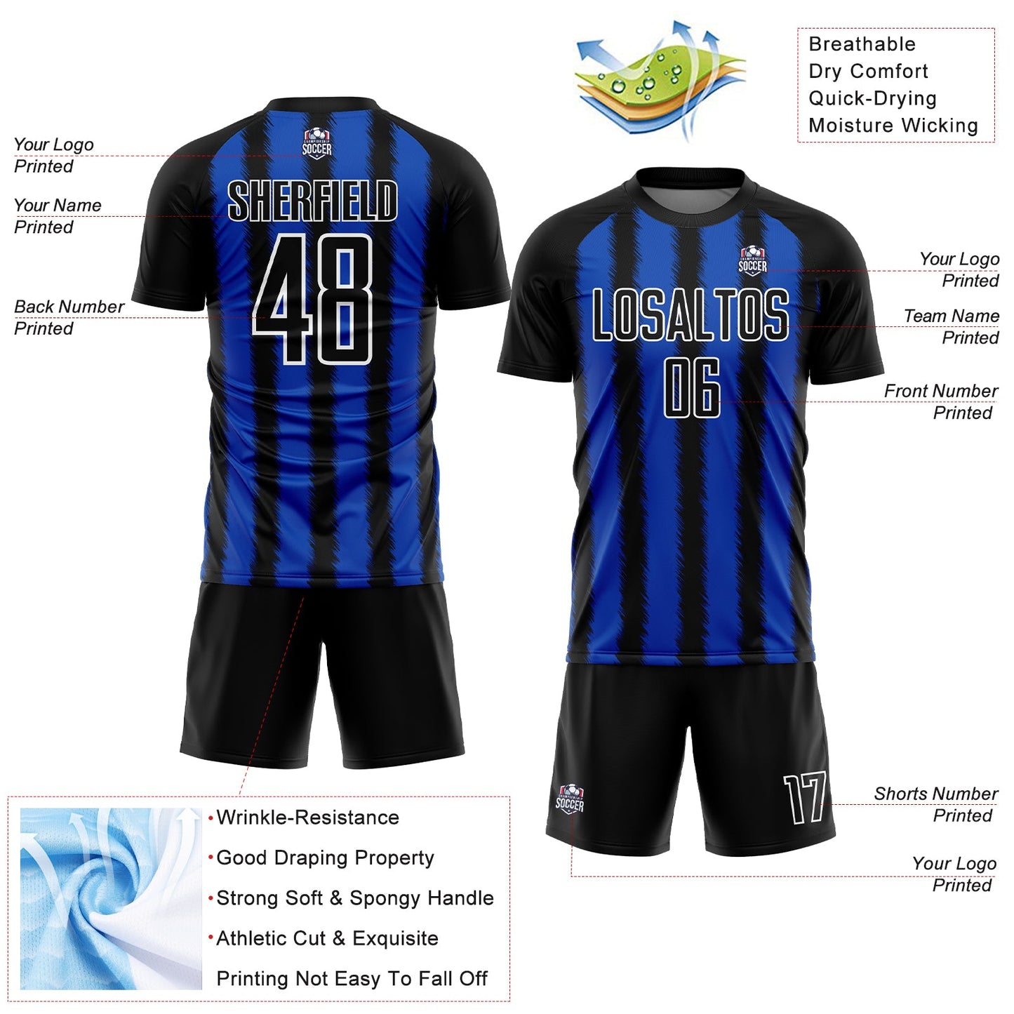 Custom Black Thunder Blue-White Line Sublimation Soccer Uniform Jersey view 4