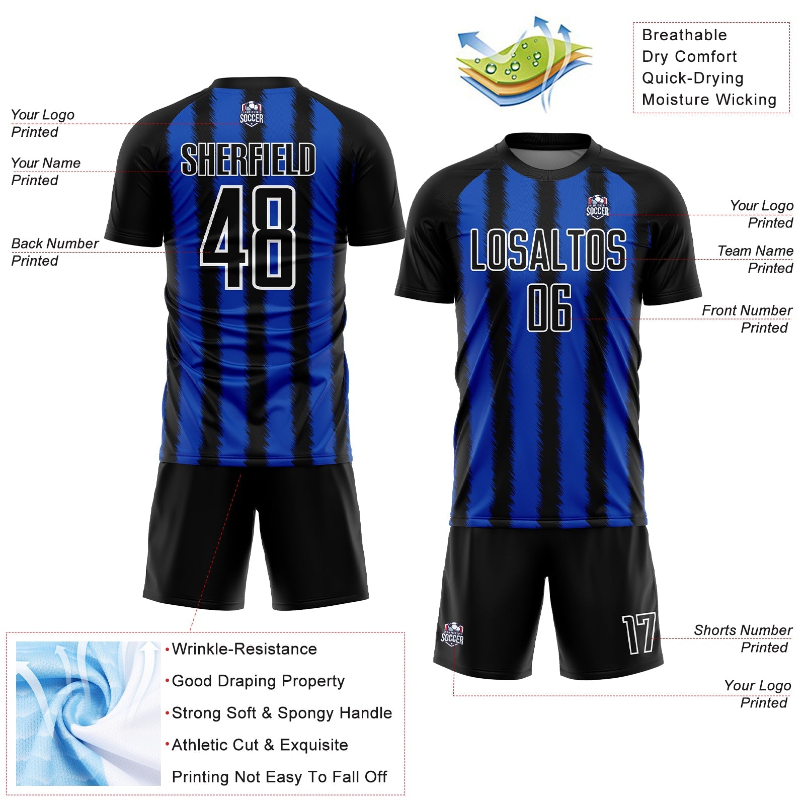 Custom Black Thunder Blue-White Line Sublimation Soccer Uniform Jersey view 4