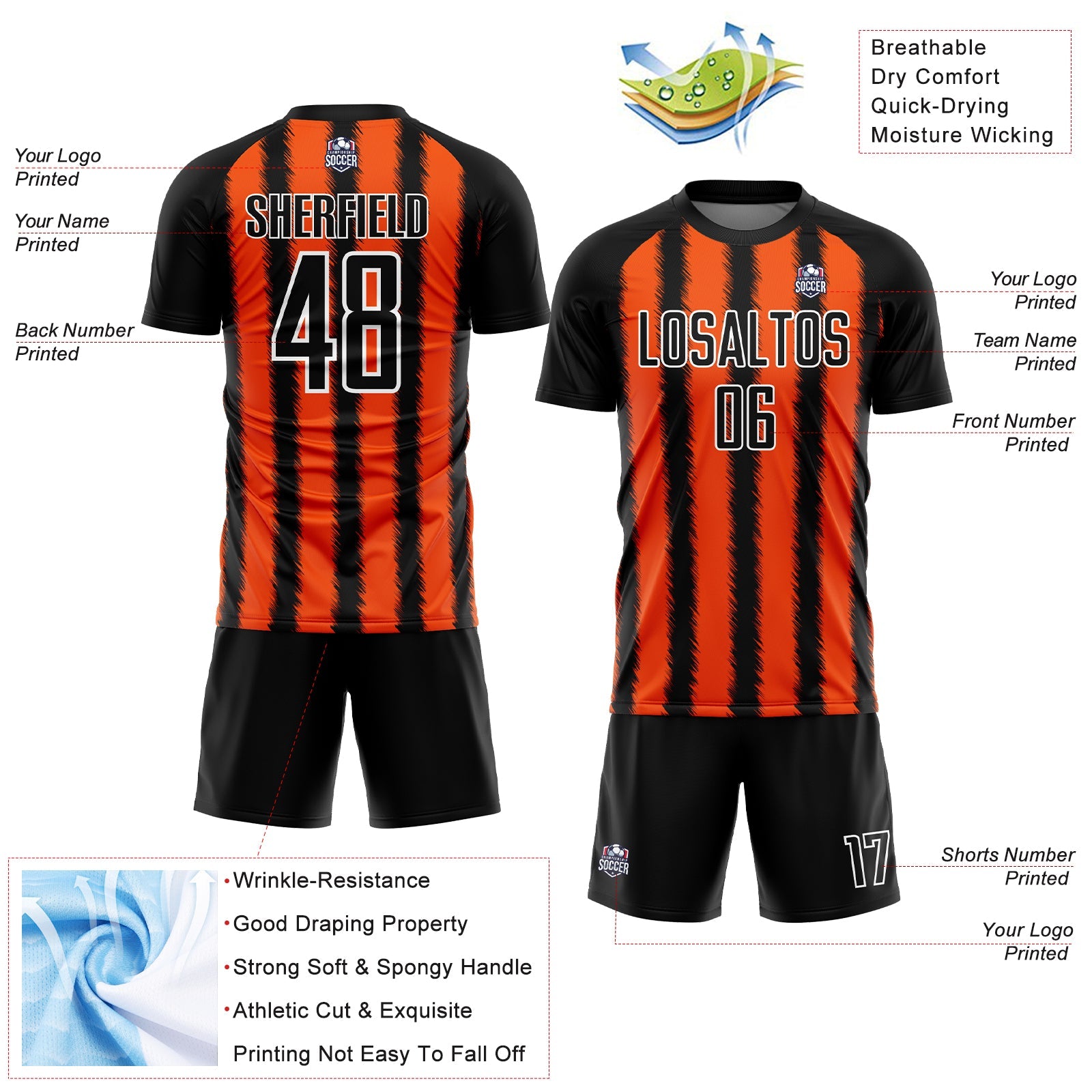 Custom Black Orange-White Line Sublimation Soccer Uniform Jersey view 4