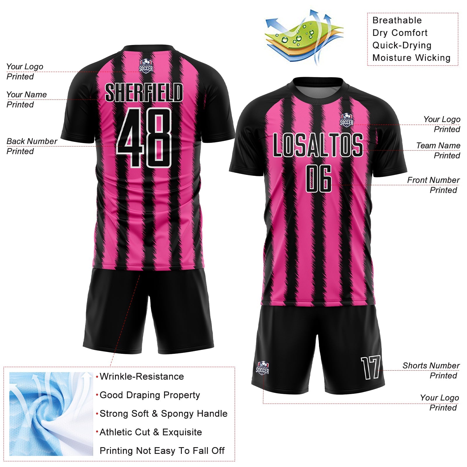 Custom Black Pink-White Line Sublimation Soccer Uniform Jersey view 4