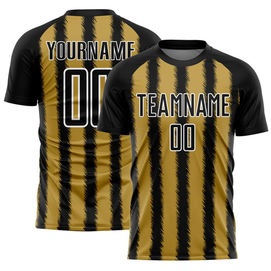 Custom Black Old Gold-White Line Sublimation Soccer Uniform Jersey - Main View