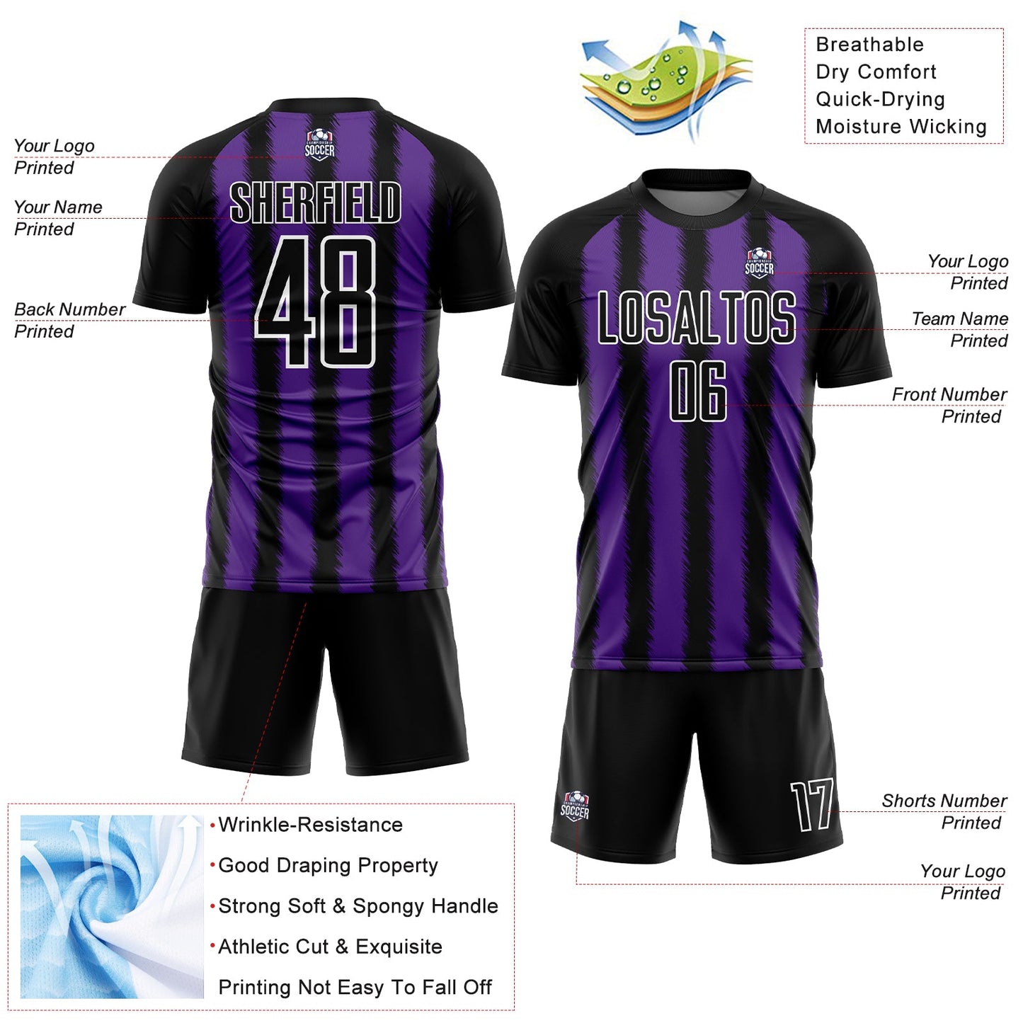 Custom Black Purple-White Line Sublimation Soccer Uniform Jersey view 4