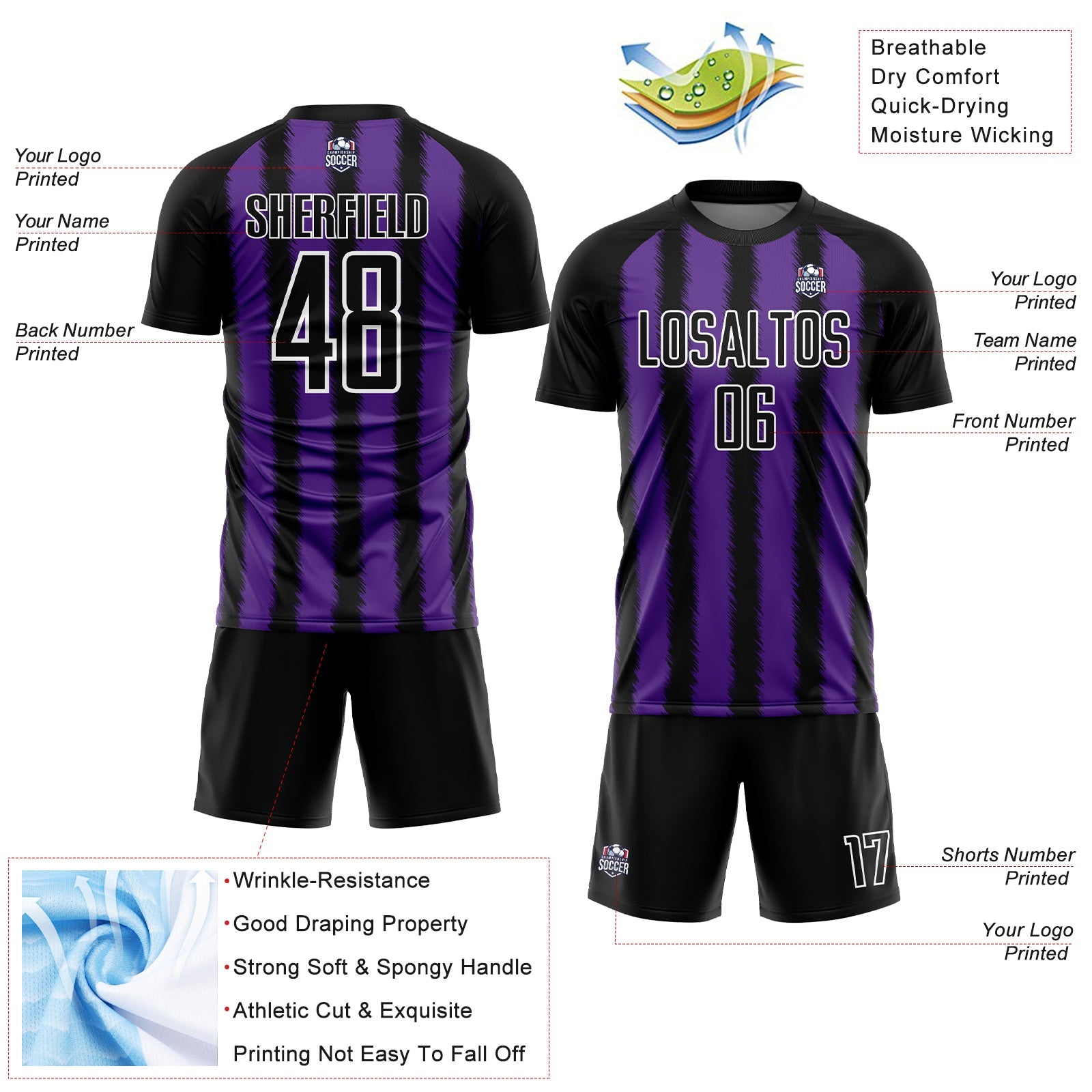 Custom Black Purple-White Line Sublimation Soccer Uniform Jersey view 4