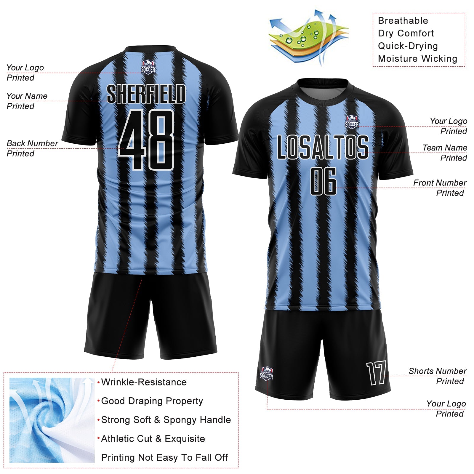 Custom Black Light Blue-White Line Sublimation Soccer Uniform Jersey view 4