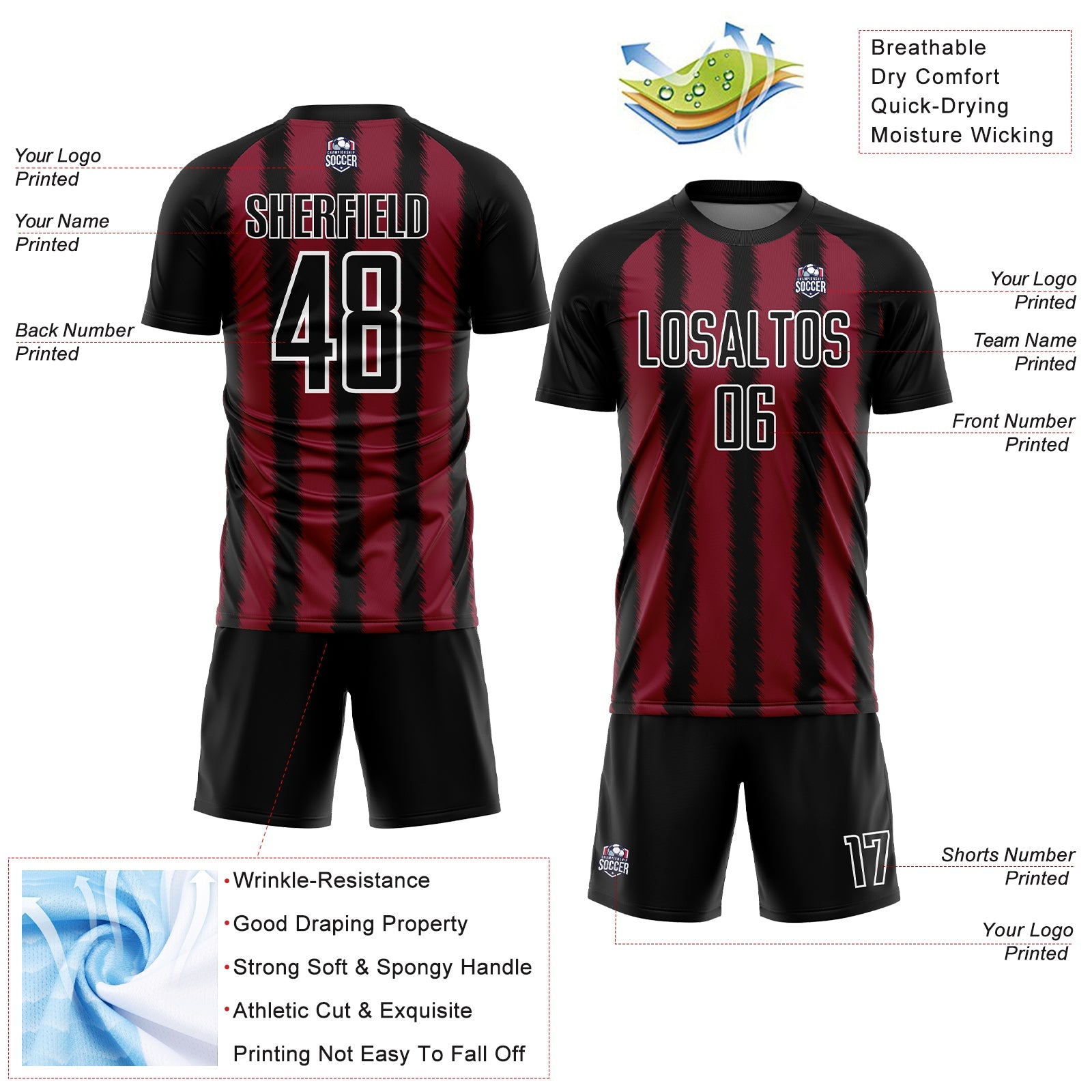 Custom Black Crimson-White Line Sublimation Soccer Uniform Jersey view 4