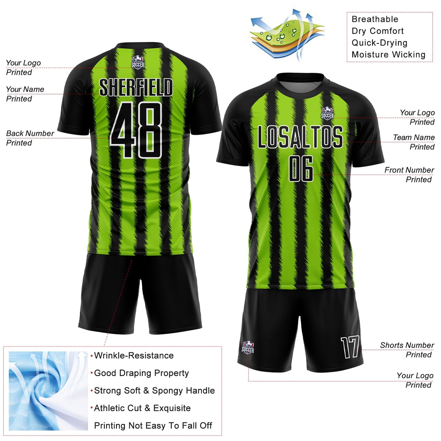 Custom Black Neon Green-White Line Sublimation Soccer Uniform Jersey view 4
