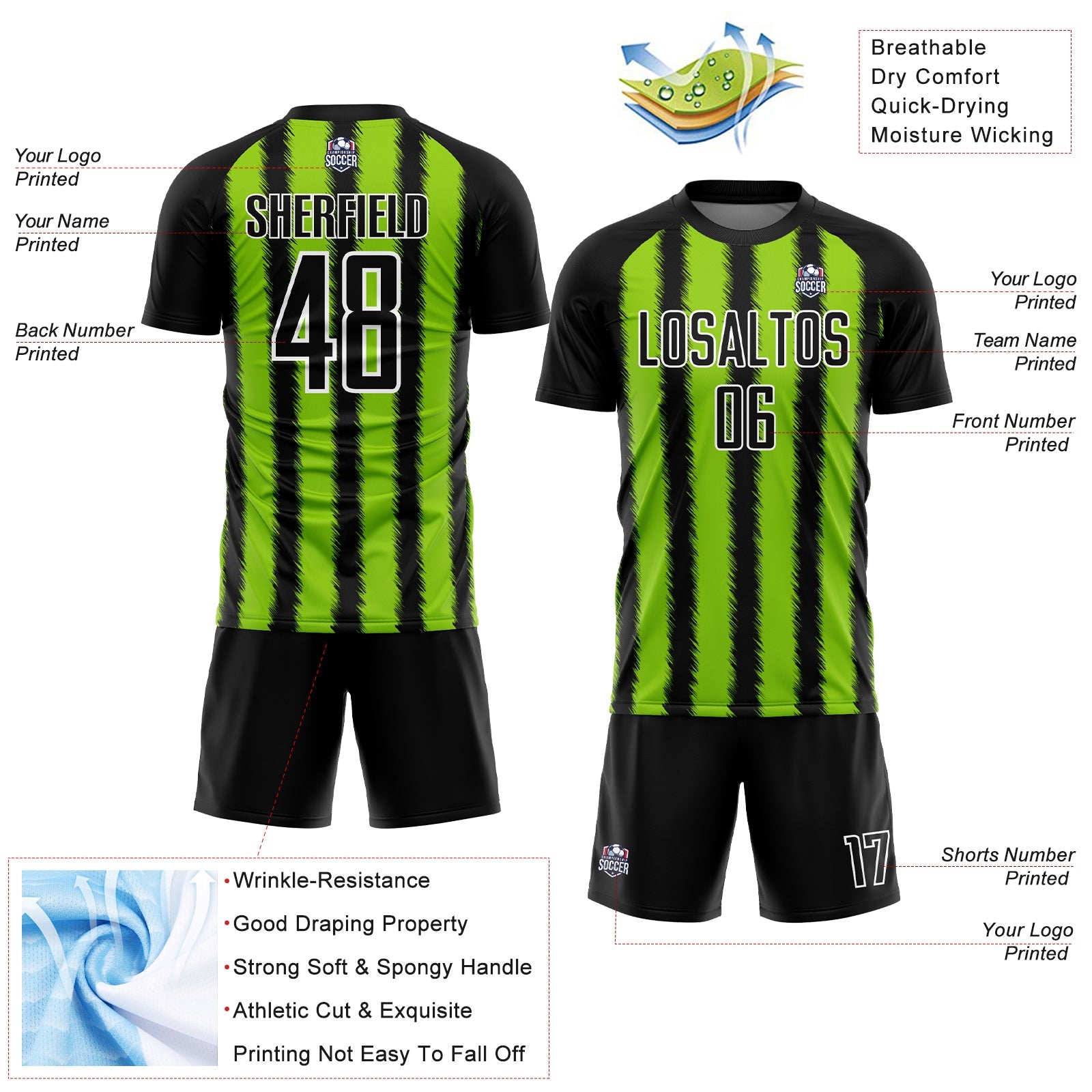 Custom Black Neon Green-White Line Sublimation Soccer Uniform Jersey view 4