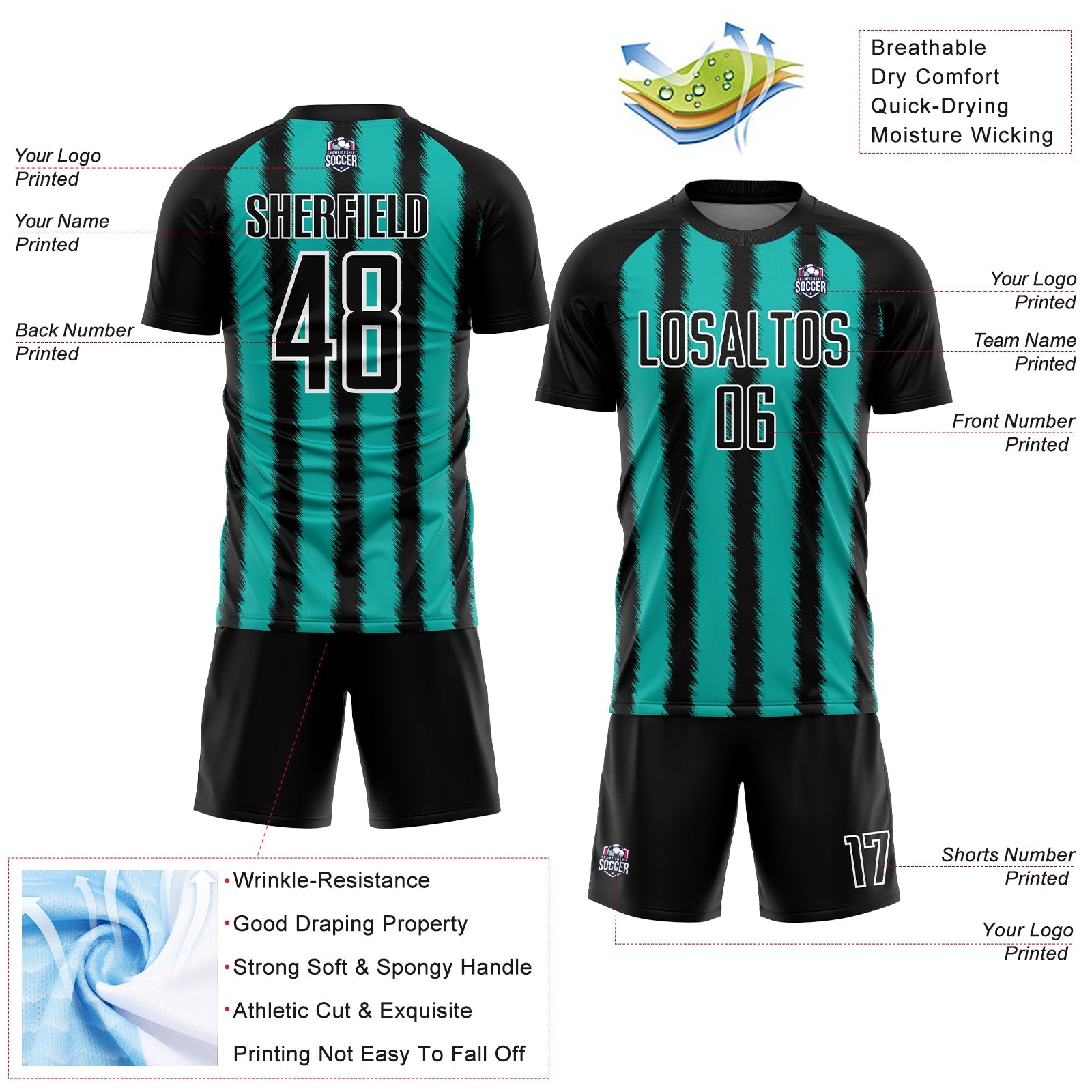 Custom Black Aqua-White Line Sublimation Soccer Uniform Jersey view 4