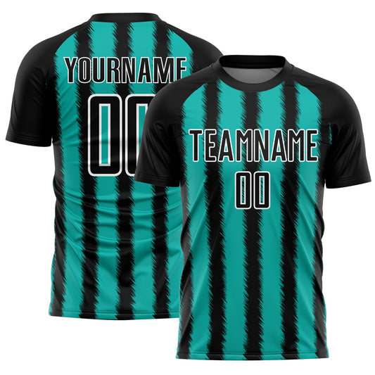 Custom Black Aqua-White Line Sublimation Soccer Uniform Jersey - Main View
