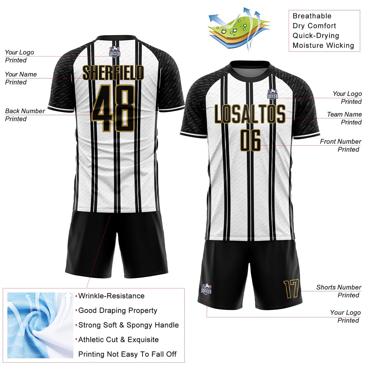 Custom Black White-Old Gold Line Sublimation Soccer Uniform Jersey view 4