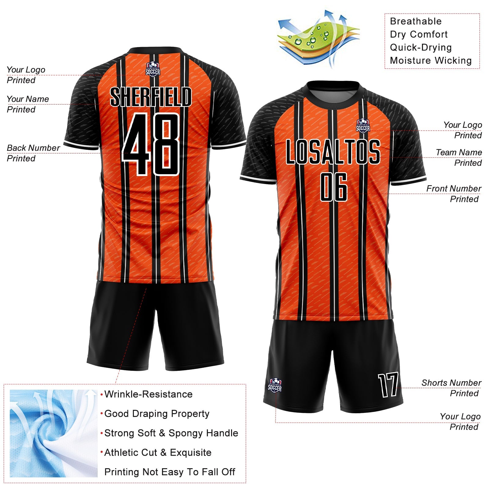 Custom Black Orange-White Line Sublimation Soccer Uniform Jersey view 4
