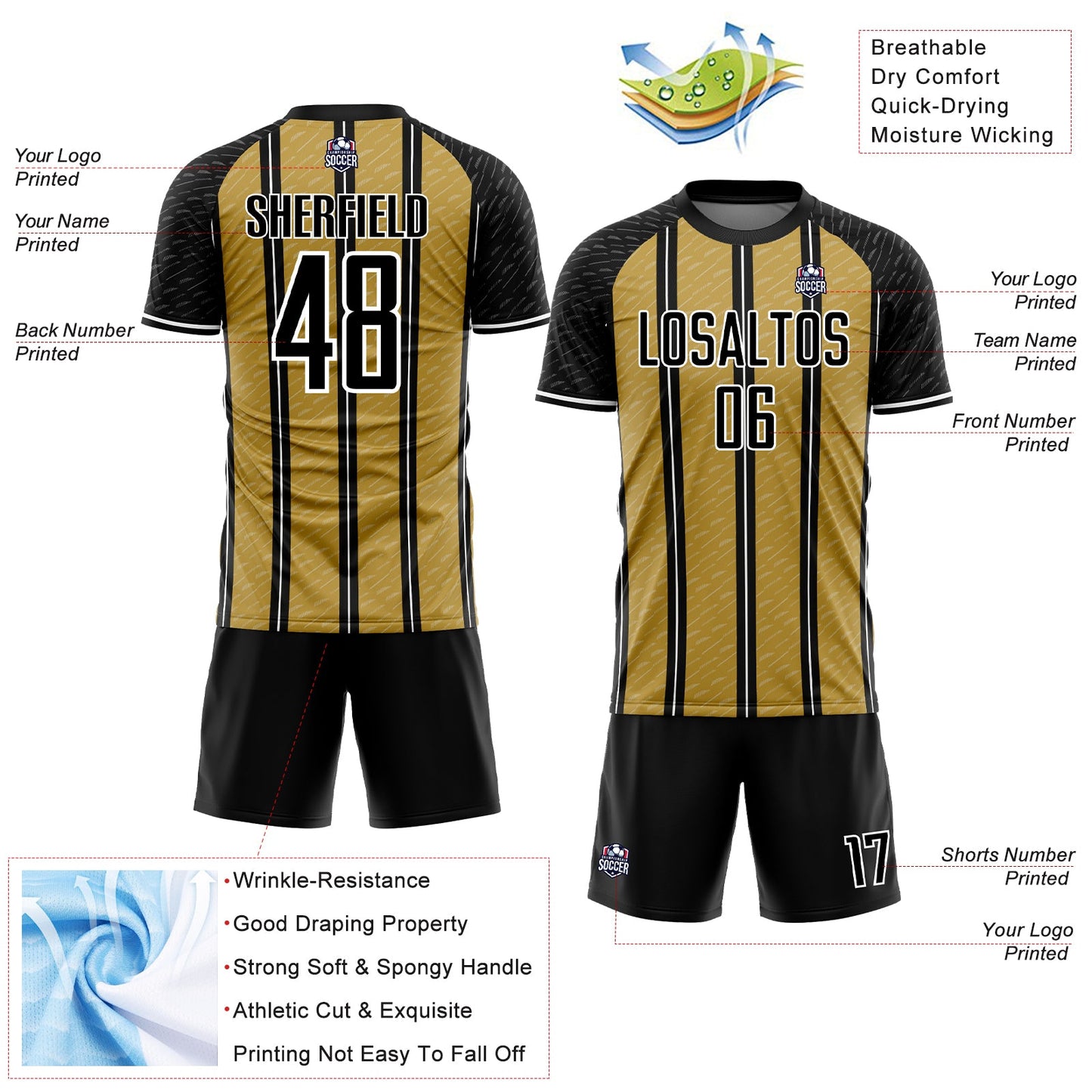 Custom Black Old Gold-White Line Sublimation Soccer Uniform Jersey view 4