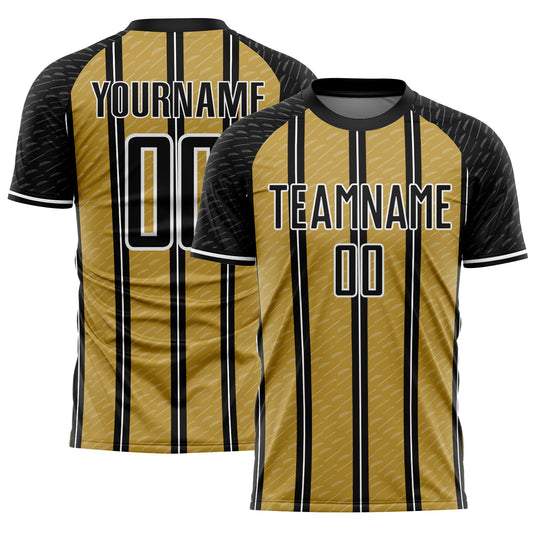 Custom Black Old Gold-White Line Sublimation Soccer Uniform Jersey - Main View