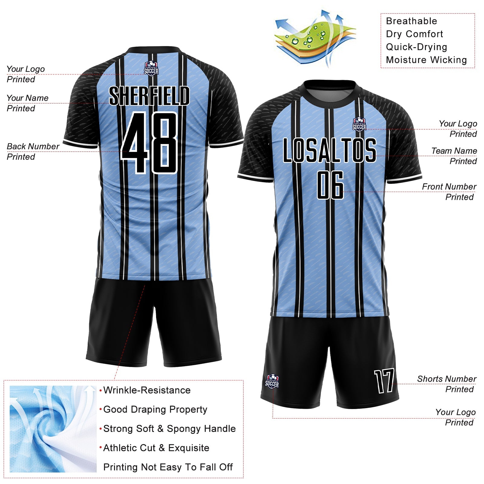 Custom Black Light Blue-White Line Sublimation Soccer Uniform Jersey view 4