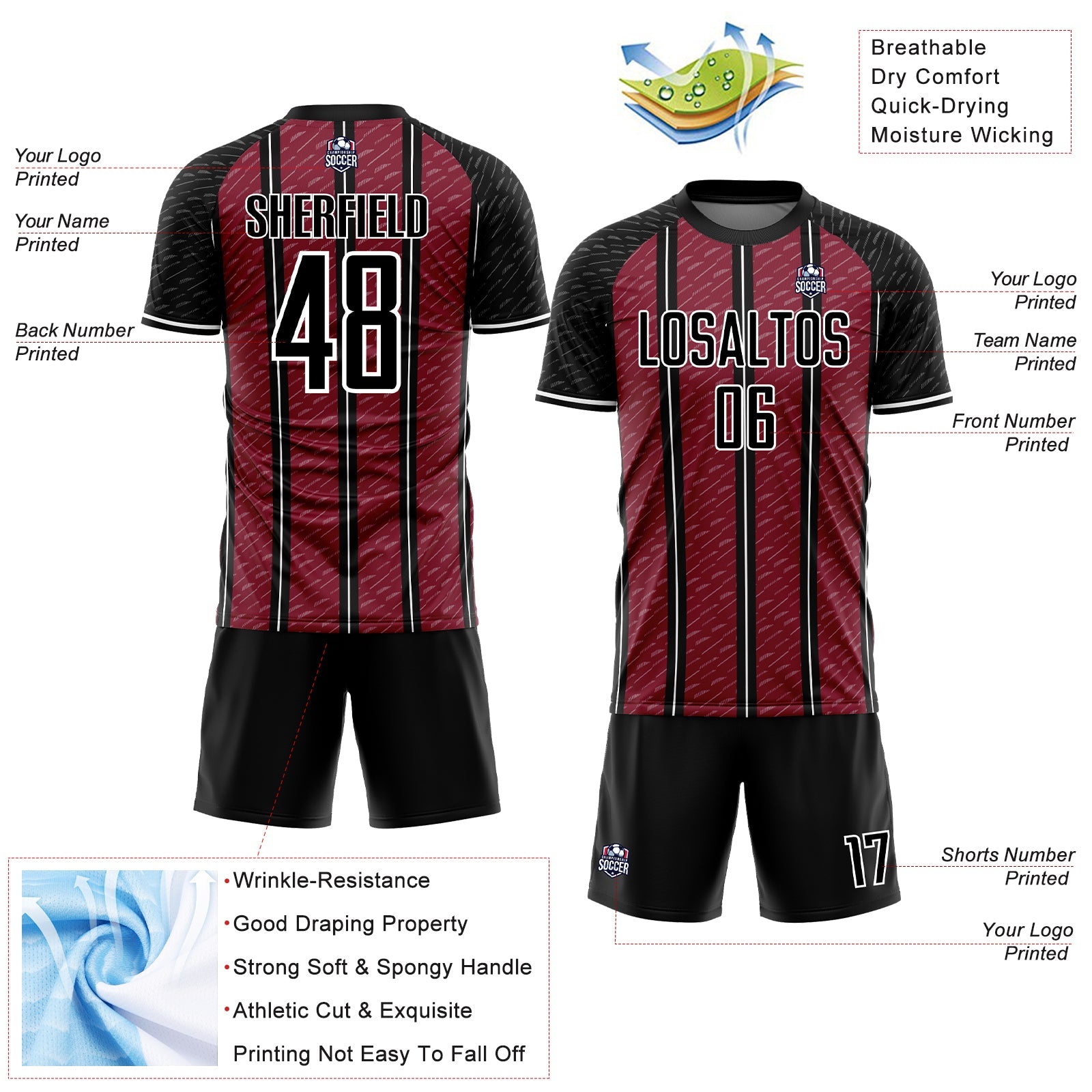 Custom Black Crimson-White Line Sublimation Soccer Uniform Jersey view 4