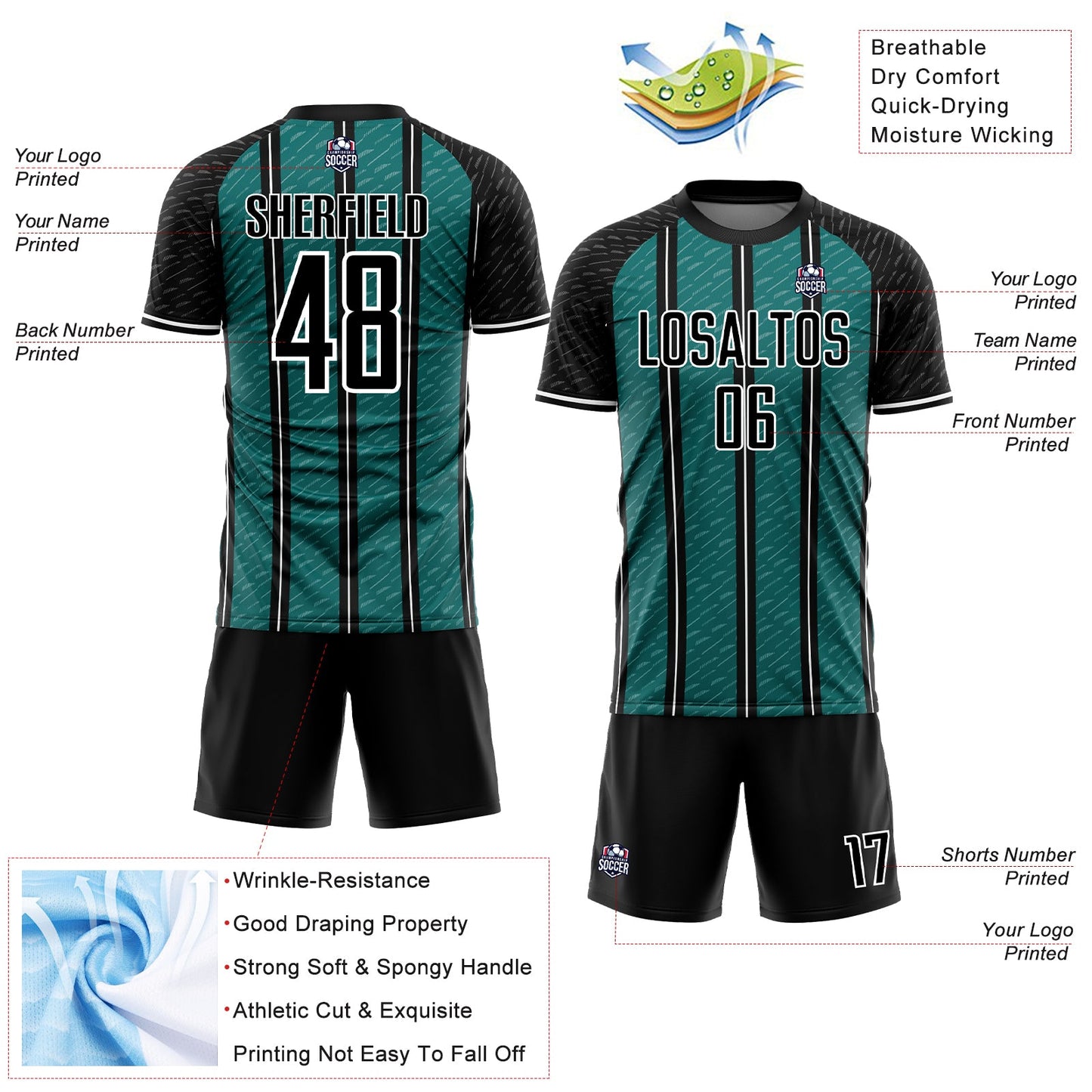 Custom Black Teal-White Line Sublimation Soccer Uniform Jersey view 4